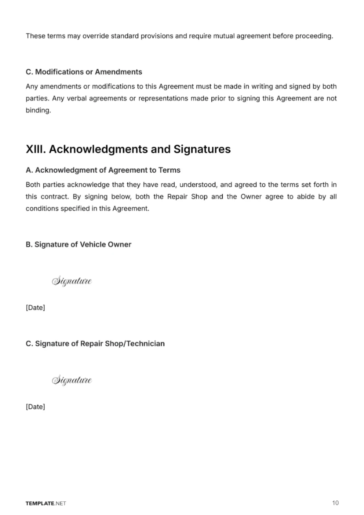 Free Automotive Repair Contract Template to Edit Online
