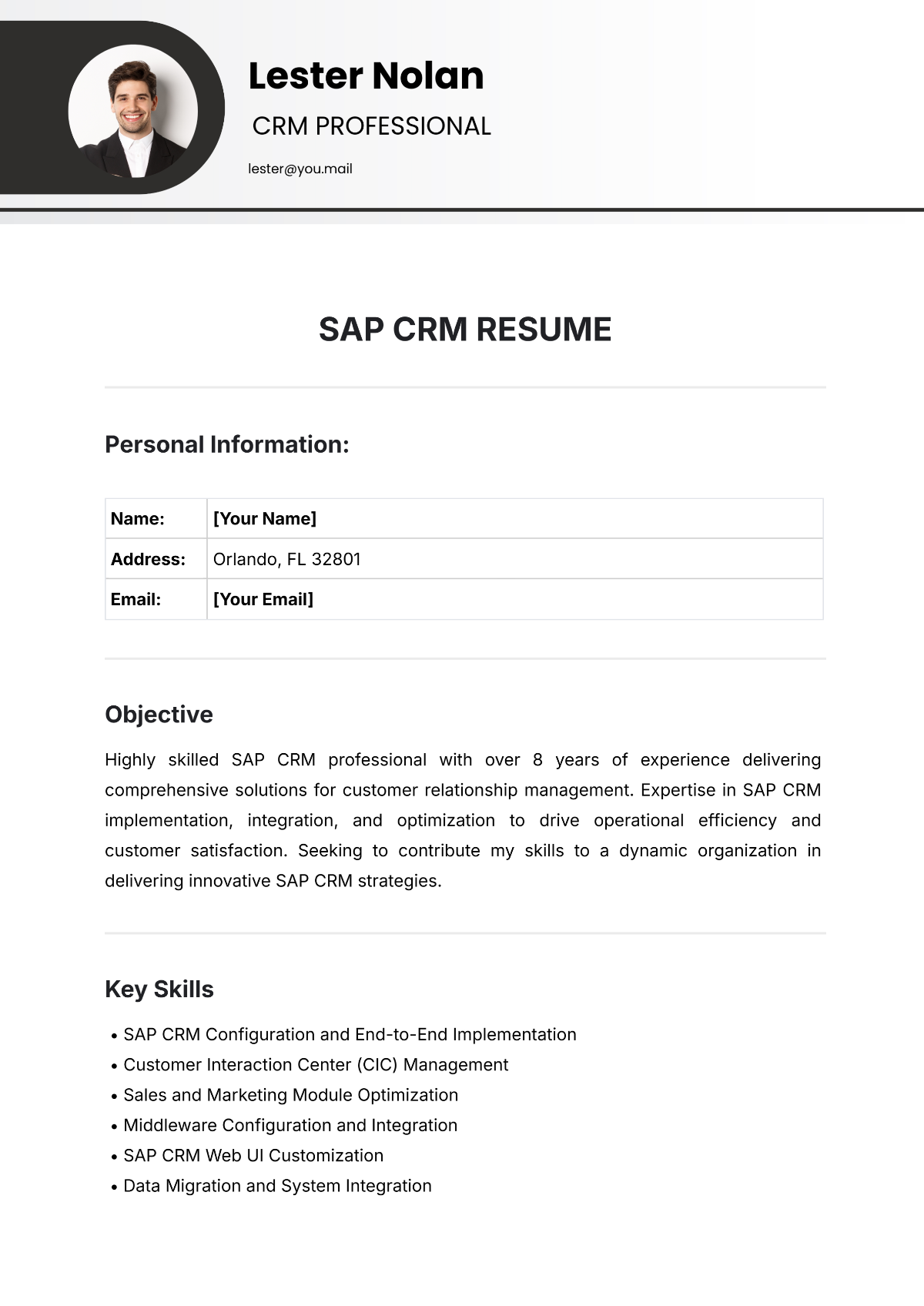 SAP CRM Resume Template