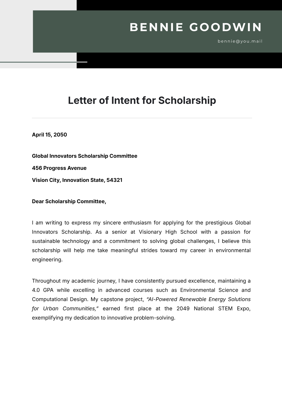 Letter of Intent for Scholarship Template - Edit Online & Download