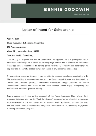 Free Letter of Intent for Scholarship Template to Edit Online