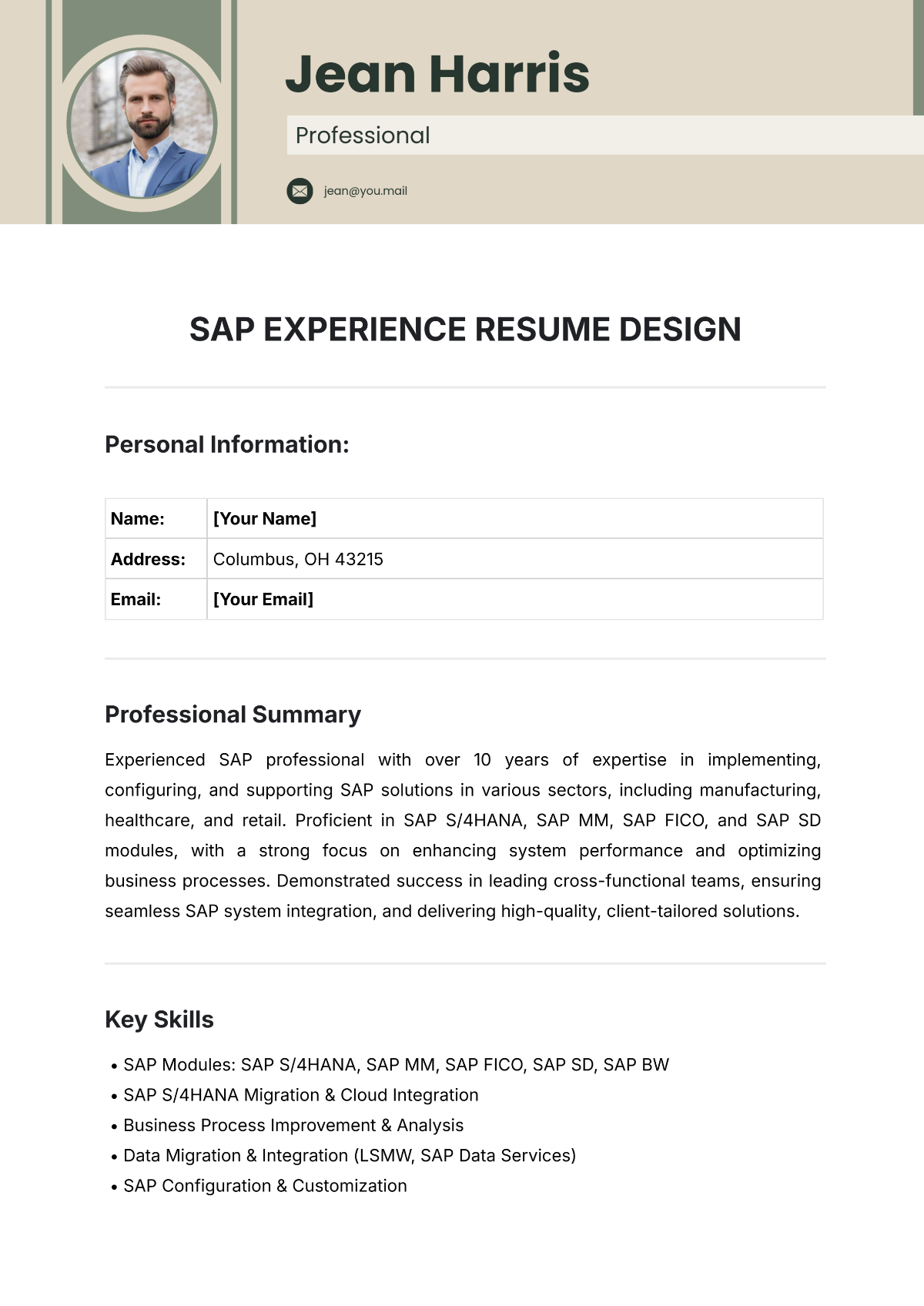 SAP Experienced Resume Design Template - Edit Online & Download