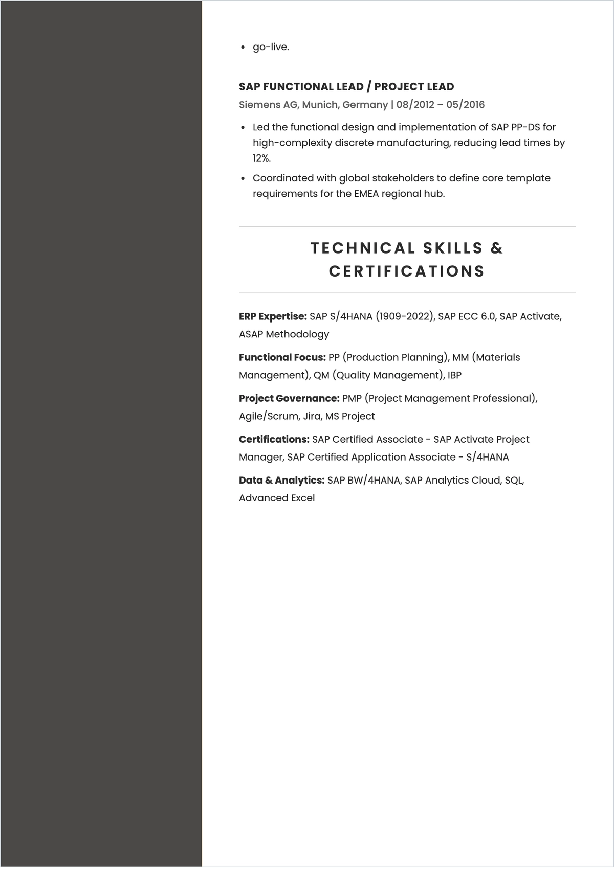 Free SAP Project Manager ATS Resume Template, AI Resume Builder