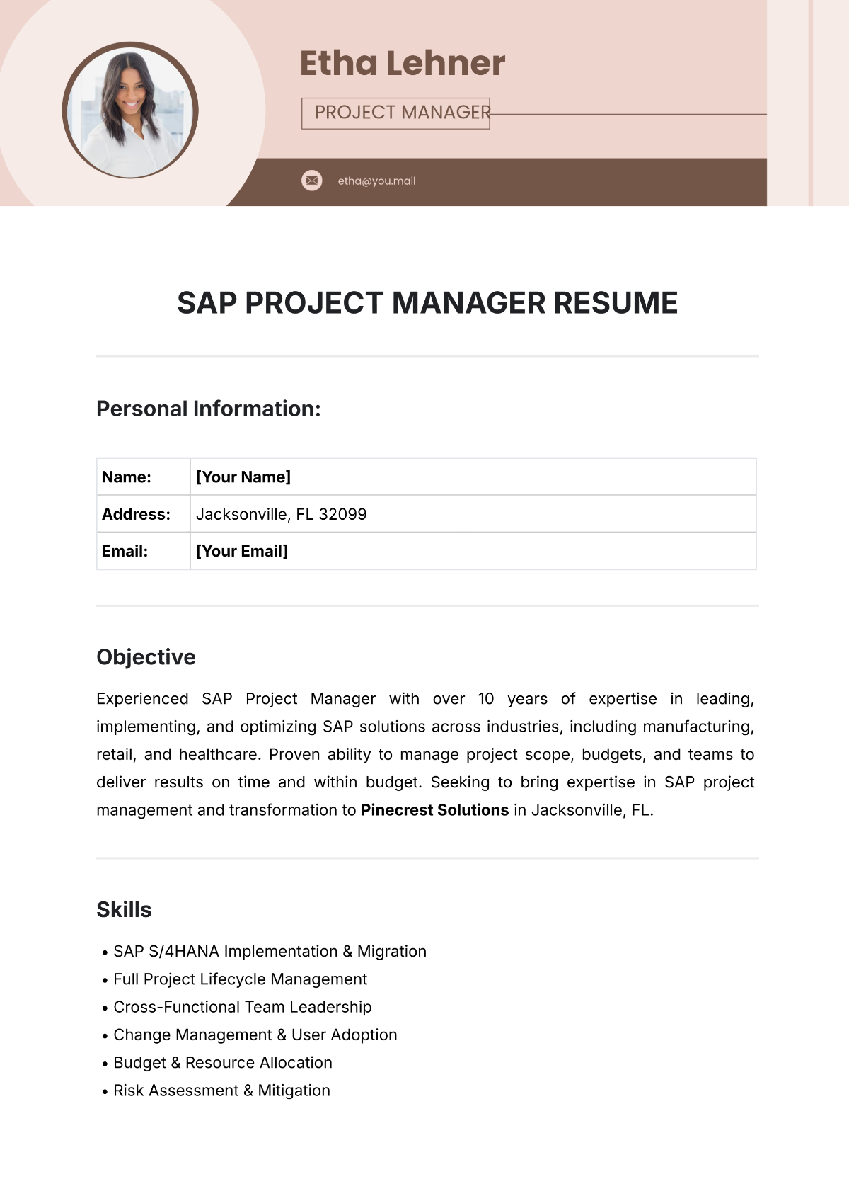 SAP Project Manager Resume Template - Edit Online & Download