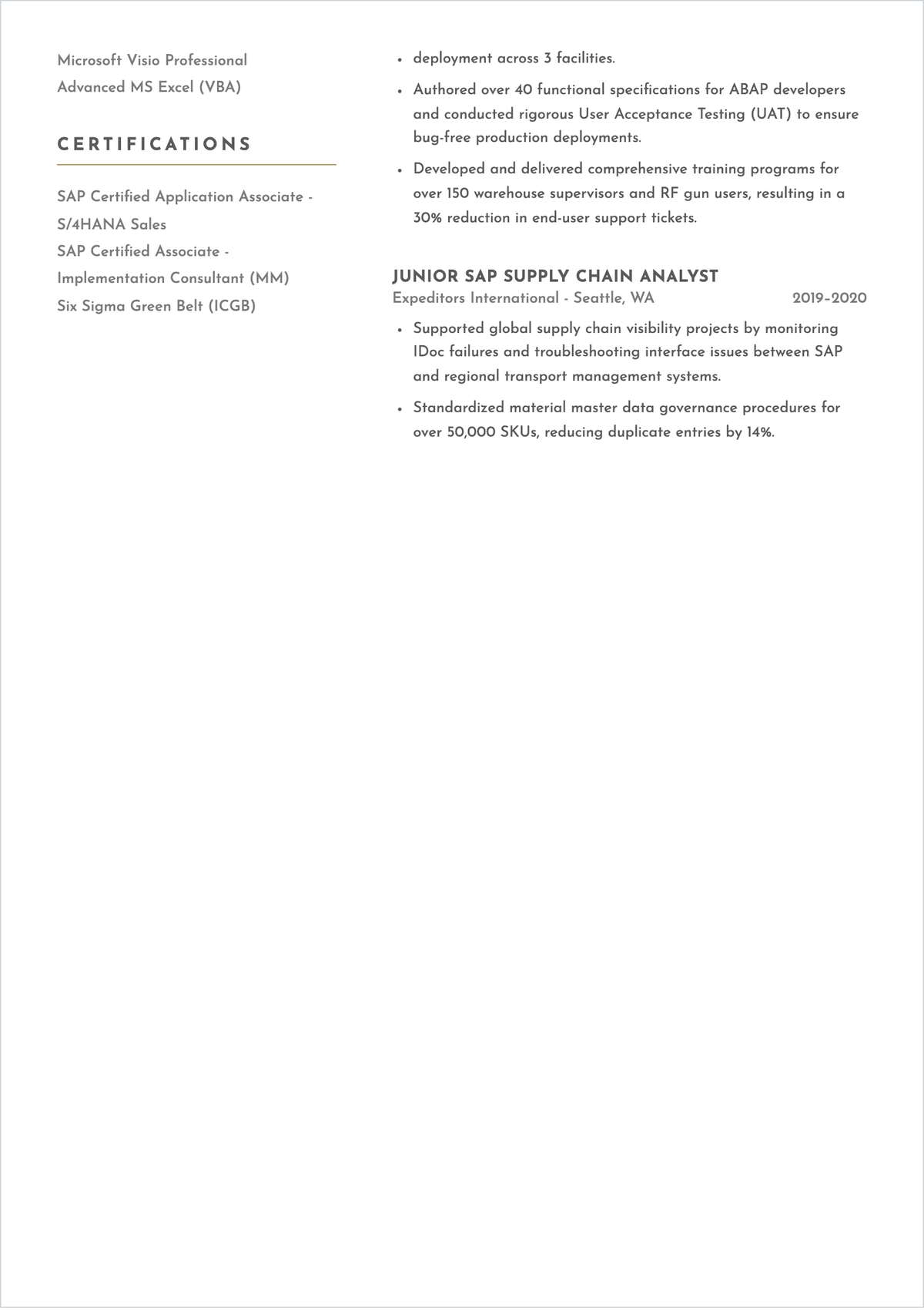 Free SAP Analyst ATS Resume Template, AI Resume Builder