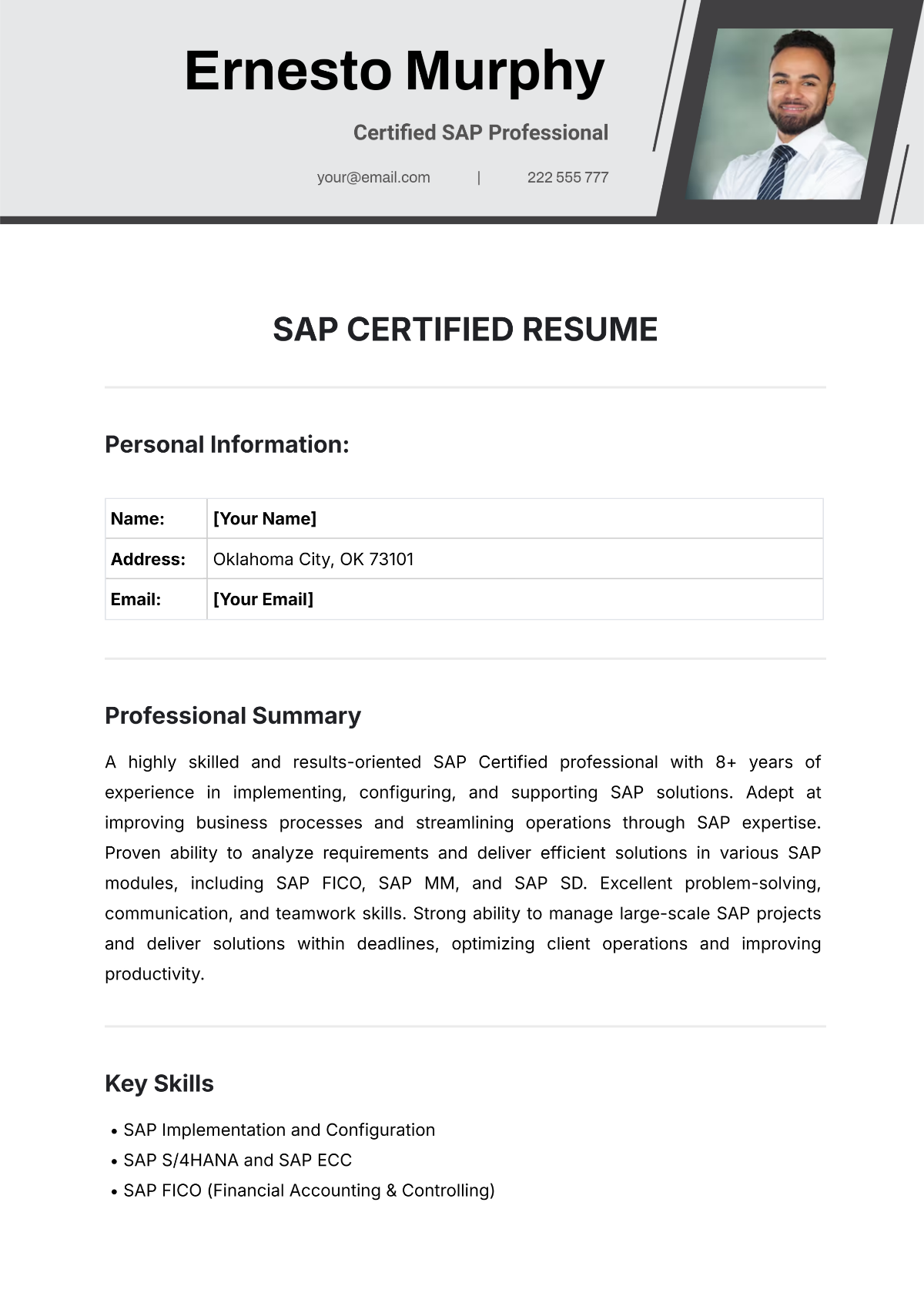 SAP Certified Resume Template - Edit Online & Download