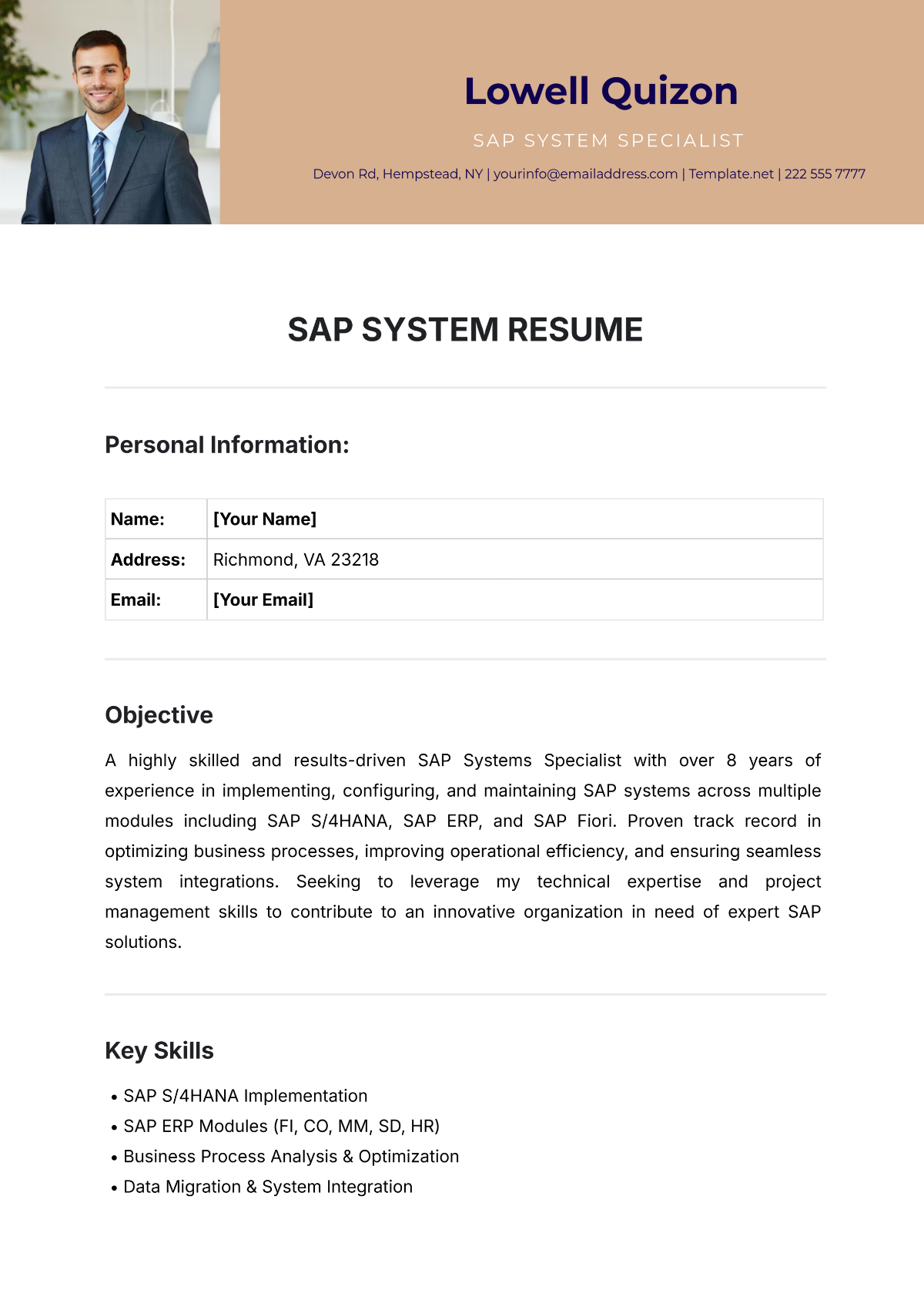 SAP Systems Resume Template - Edit Online & Download