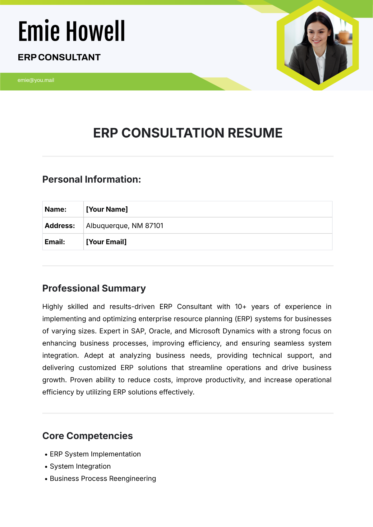 ERP Consultant Resume Template - Edit Online & Download