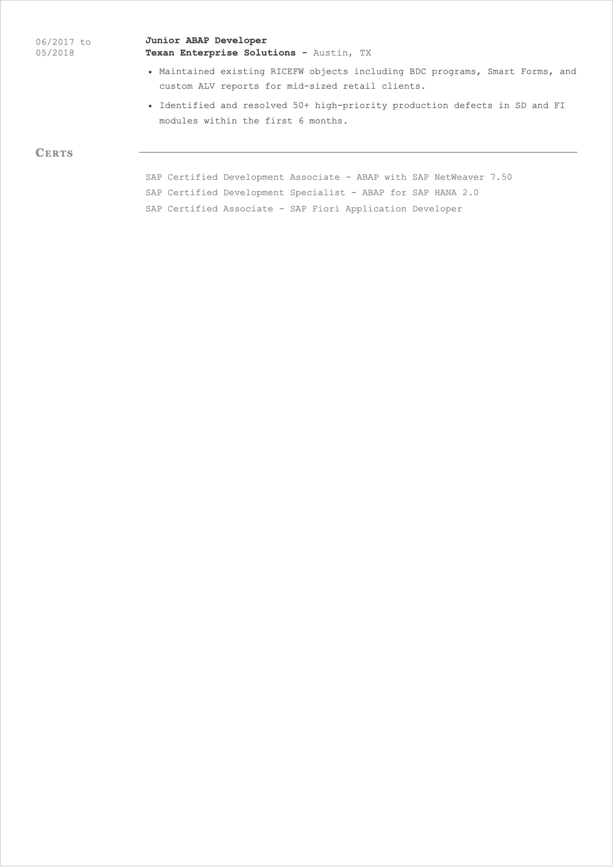 Free SAP Developer ATS Resume Template, AI Resume Builder