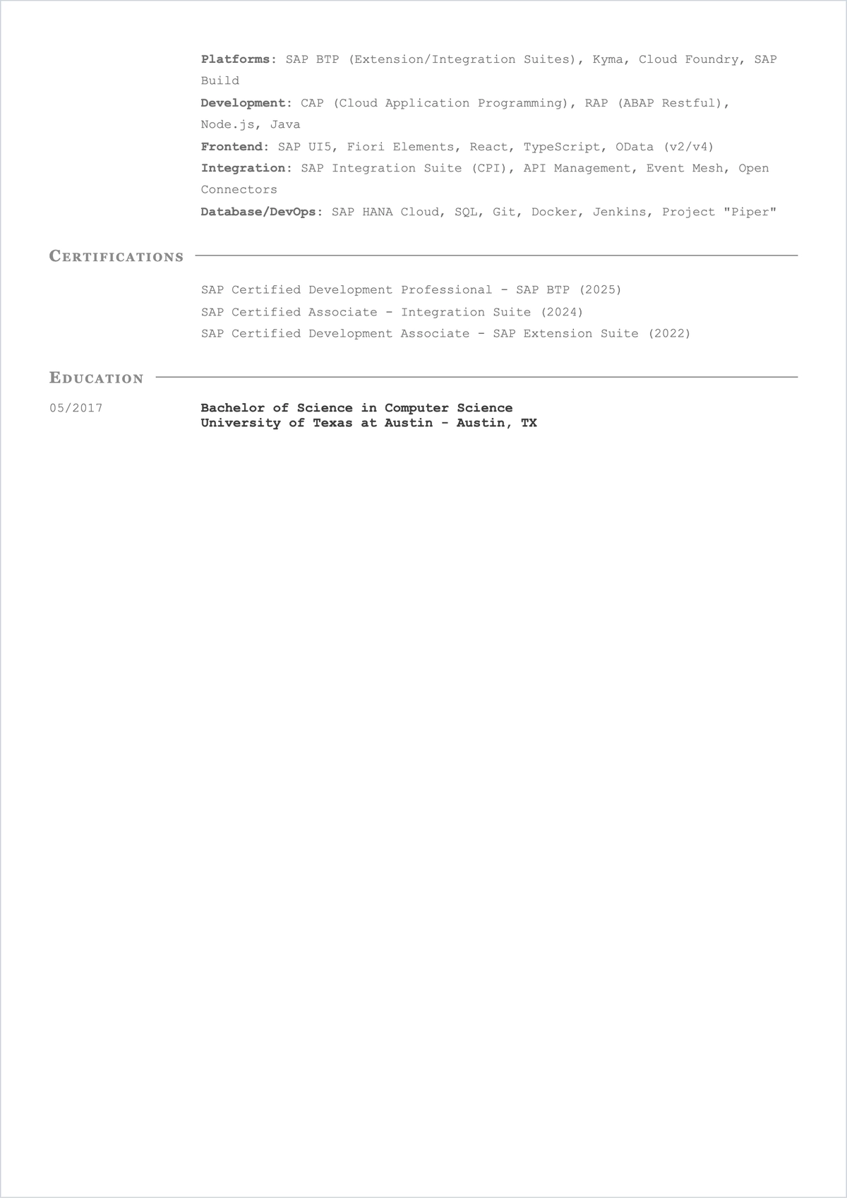 Free SAP BTP Consultant ATS Resume Template, AI Resume Builder