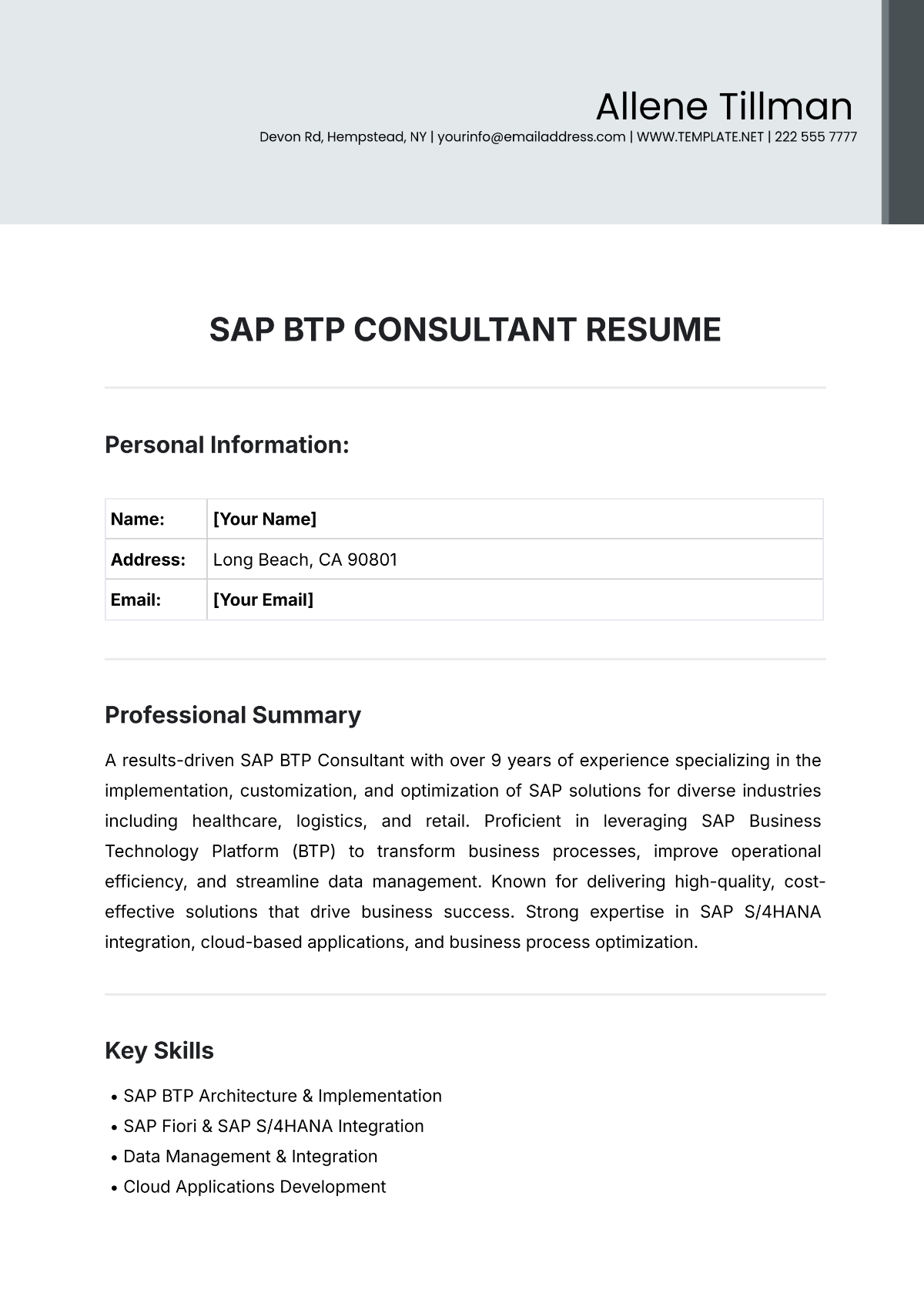 SAP BTP Consultant Resume Template - Edit Online & Download