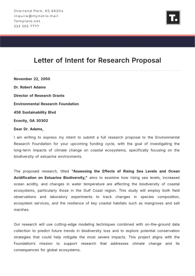 Free Letter of Intent for Research Proposal Template to Edit Online