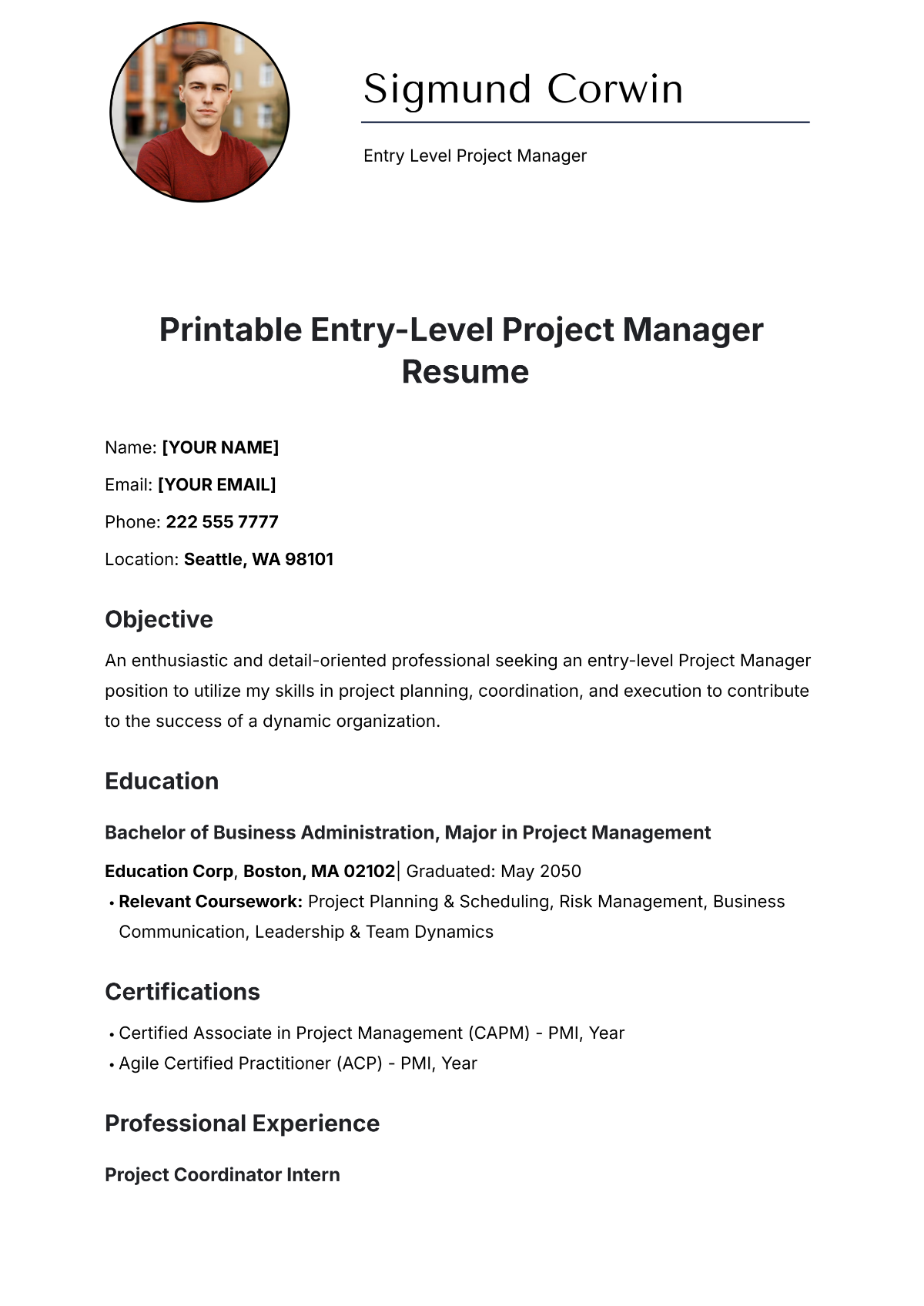 Printable Entry-Level Project Manager Resume Template - Edit Online & Download