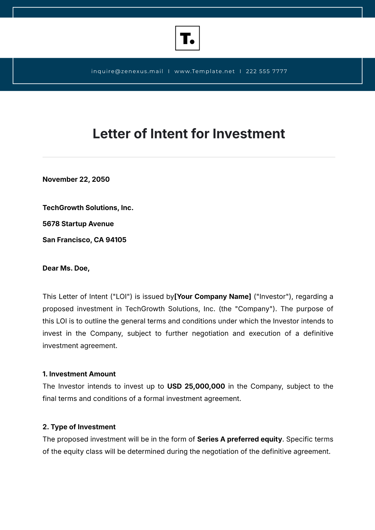 Letter of Intent for Investment Template - Edit Online & Download