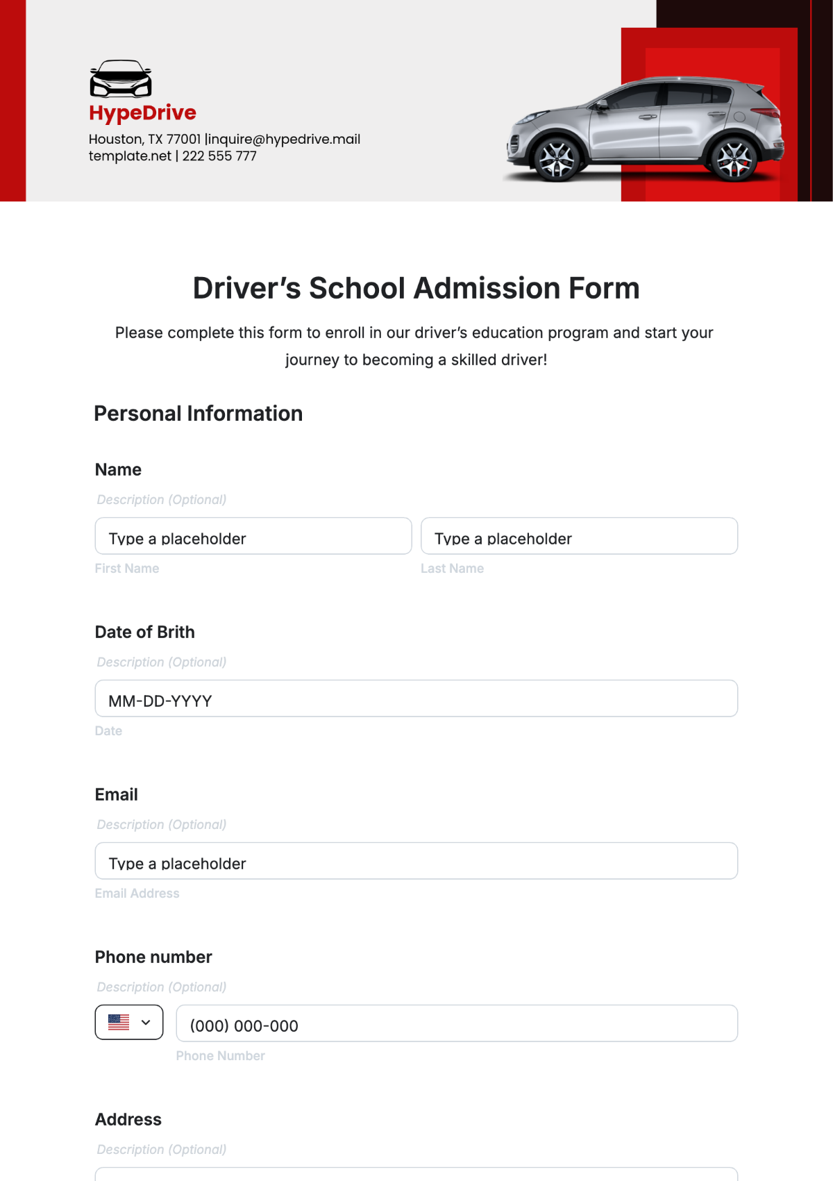 Driver's School Admission Form Template - Edit Online & Download