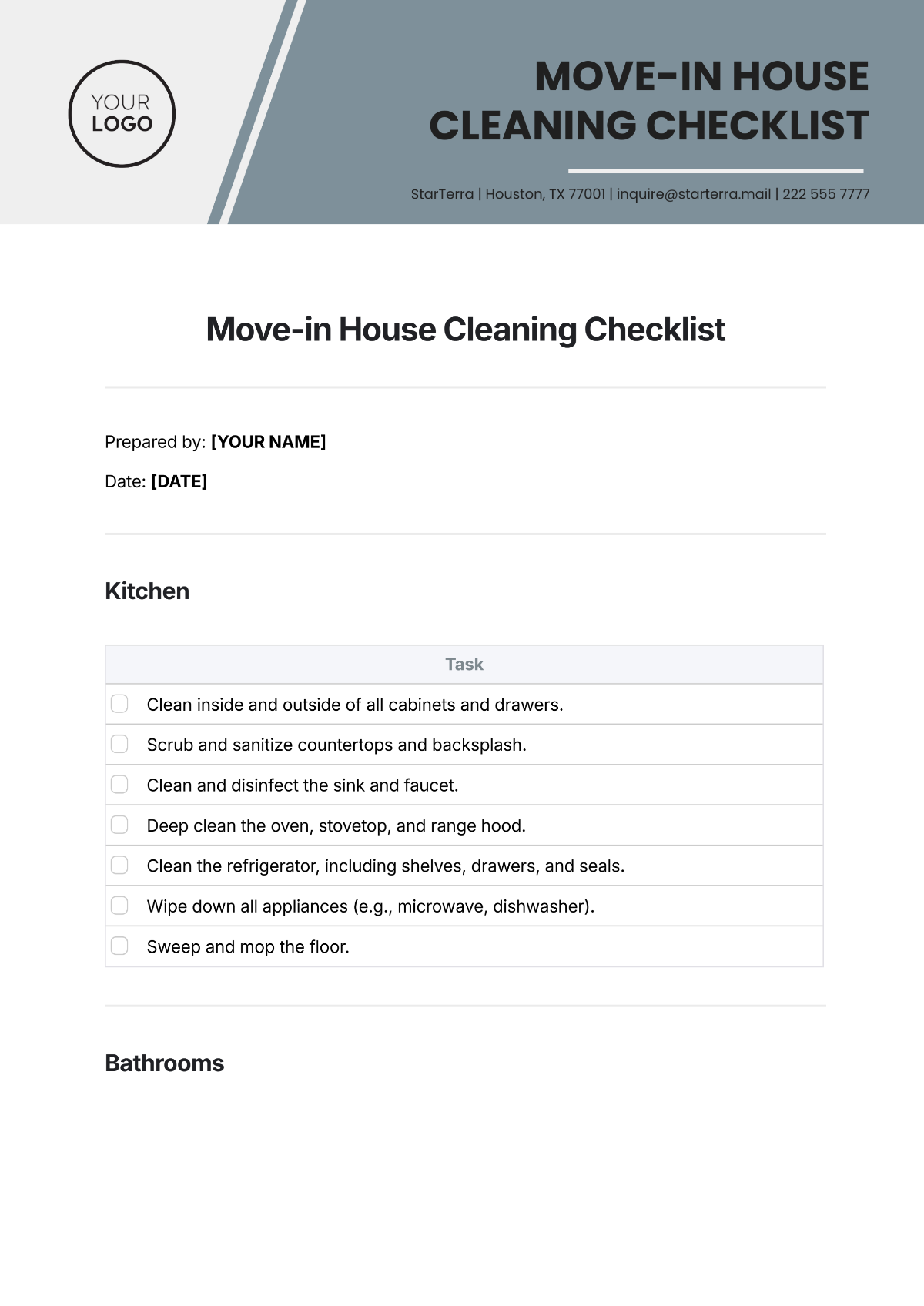 Move-in House Cleaning Checklist Template - Edit Online & Download