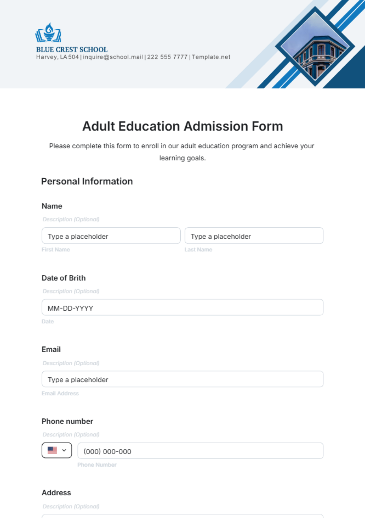 Adult Education Admission Form Template - Edit Online & Download