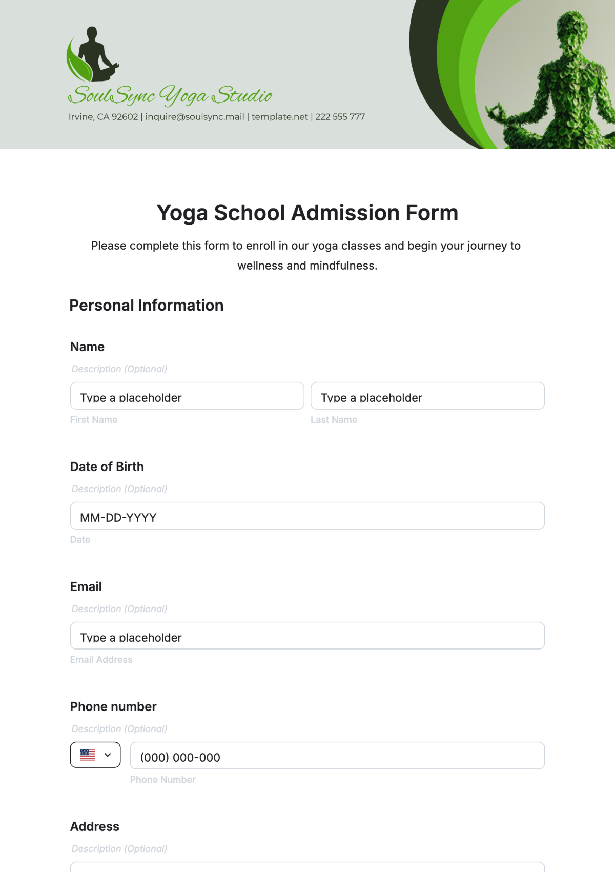 Yoga School Admission Form Template - Edit Online & Download