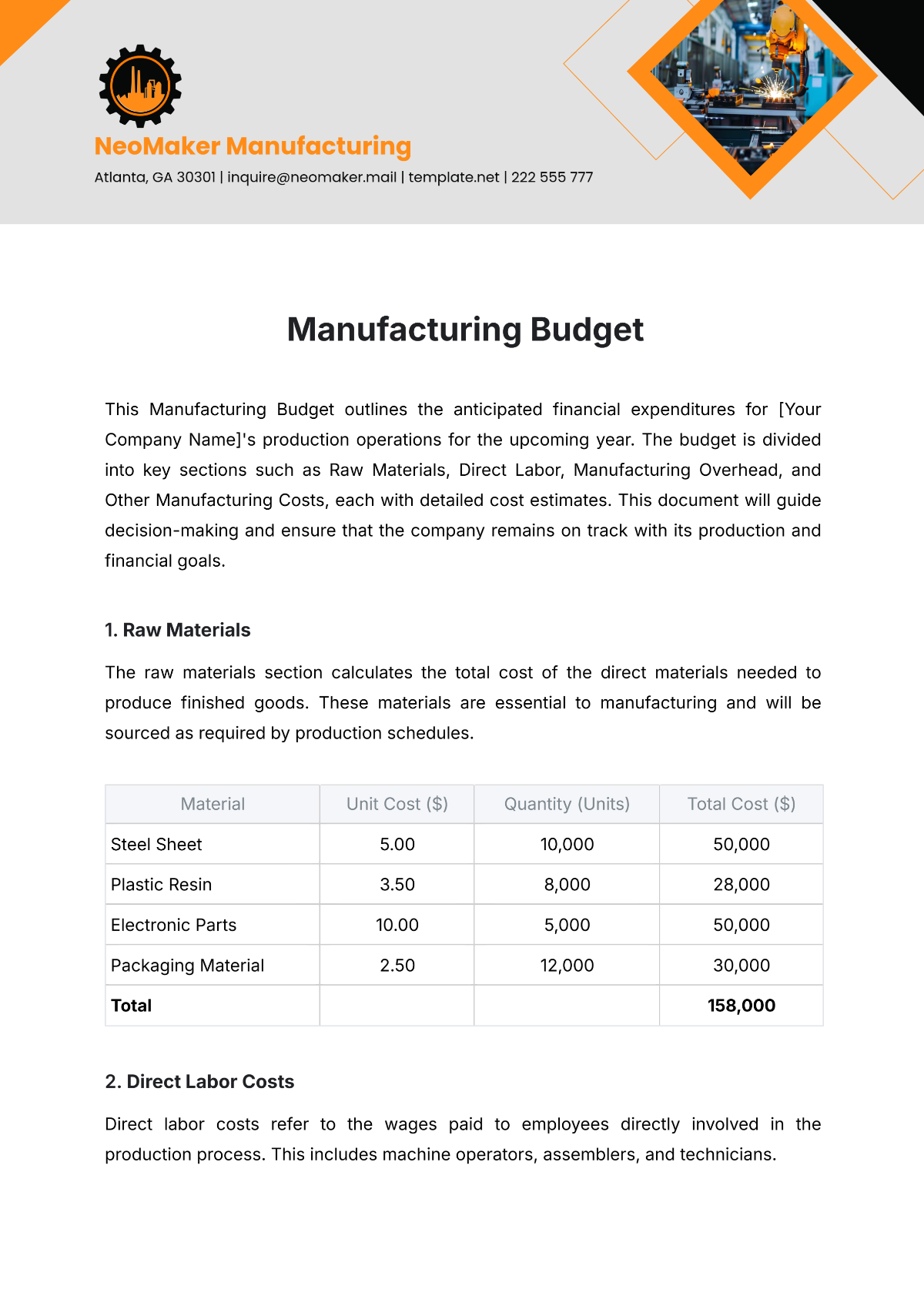 Manufacturing Budget Template - Edit Online & Download