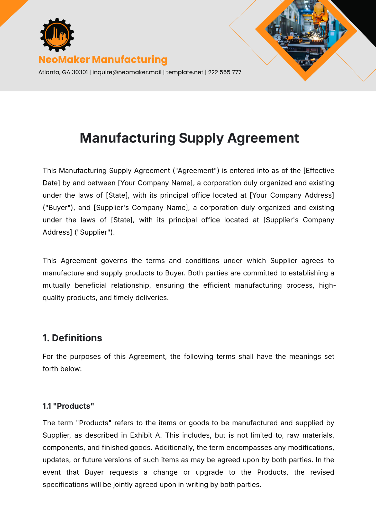 Manufacturing Supply Agreement Template - Edit Online & Download