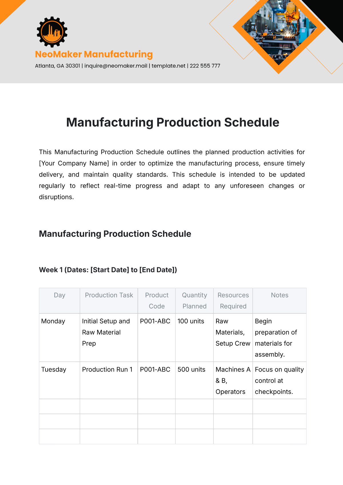 Manufacturing Production Schedule Template - Edit Online & Download