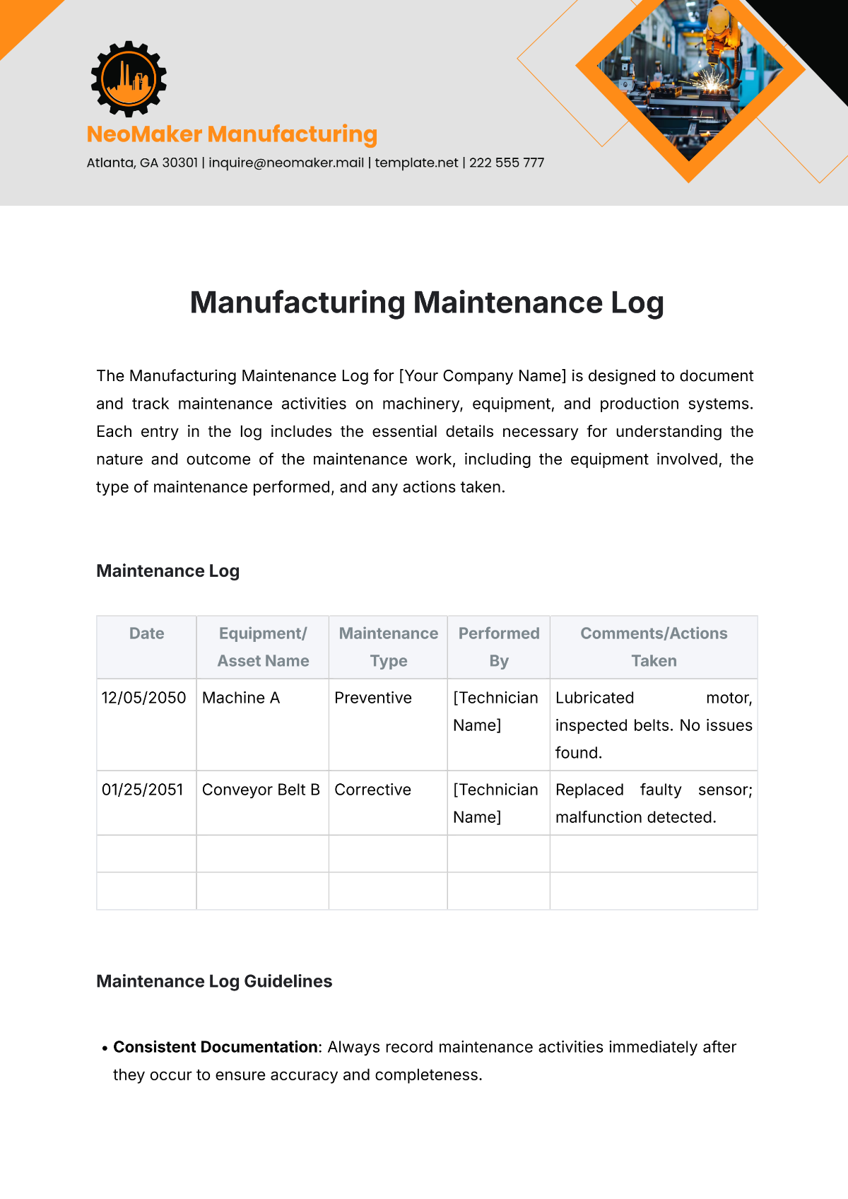 Manufacturing Maintenance Log Template - Edit Online & Download