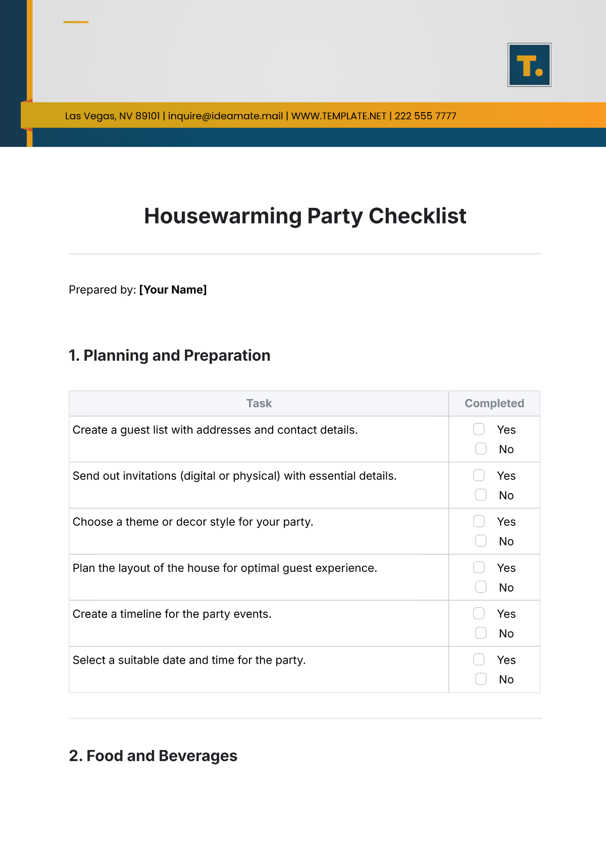 Housewarming Party Checklist Template