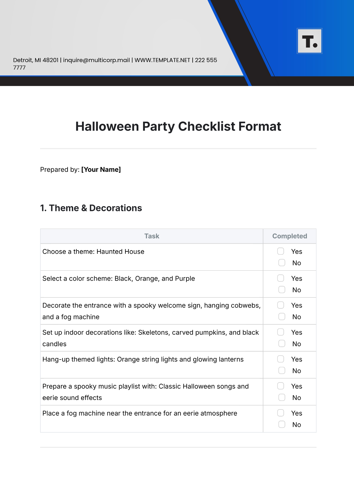 Halloween Party Checklist Format Template