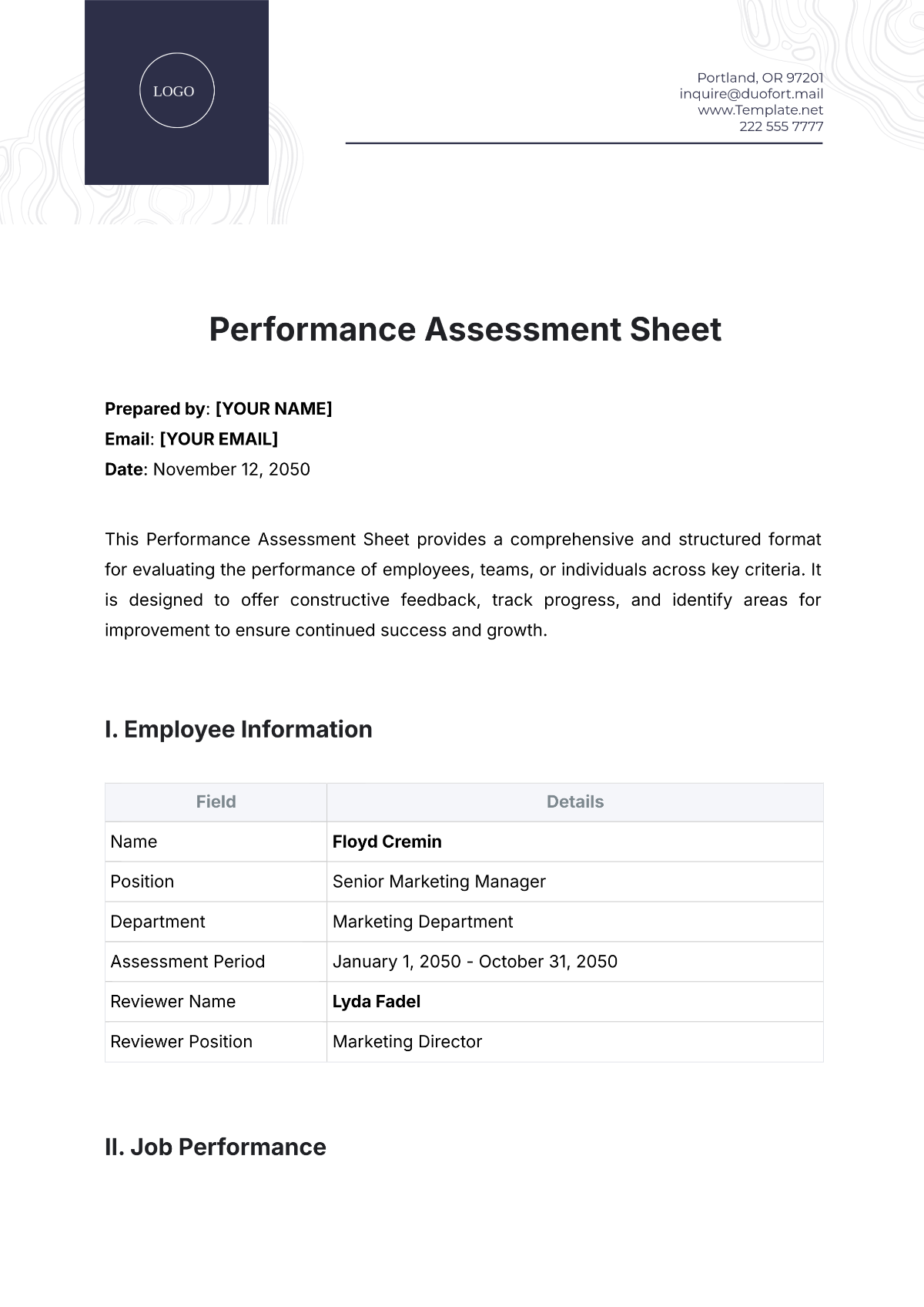 Performance Assessment Sheet Template