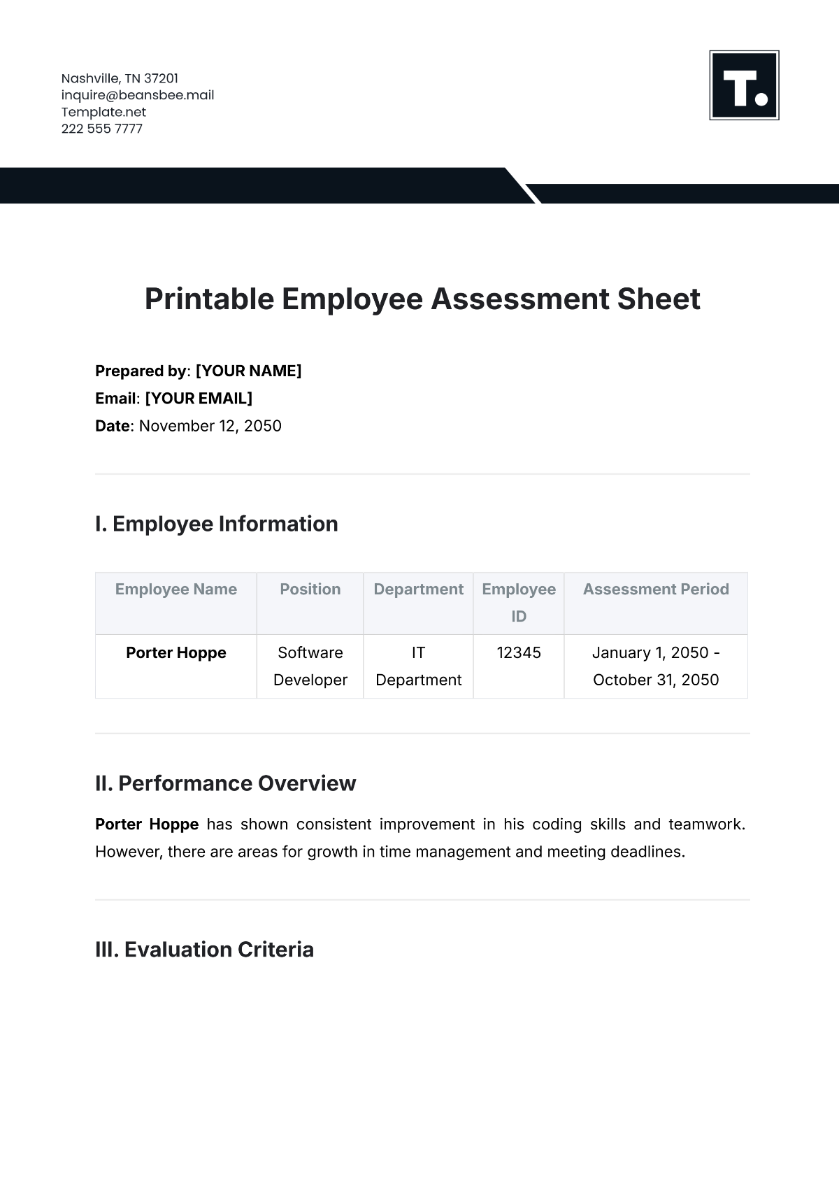 Printable Employee Assessment Sheet Template