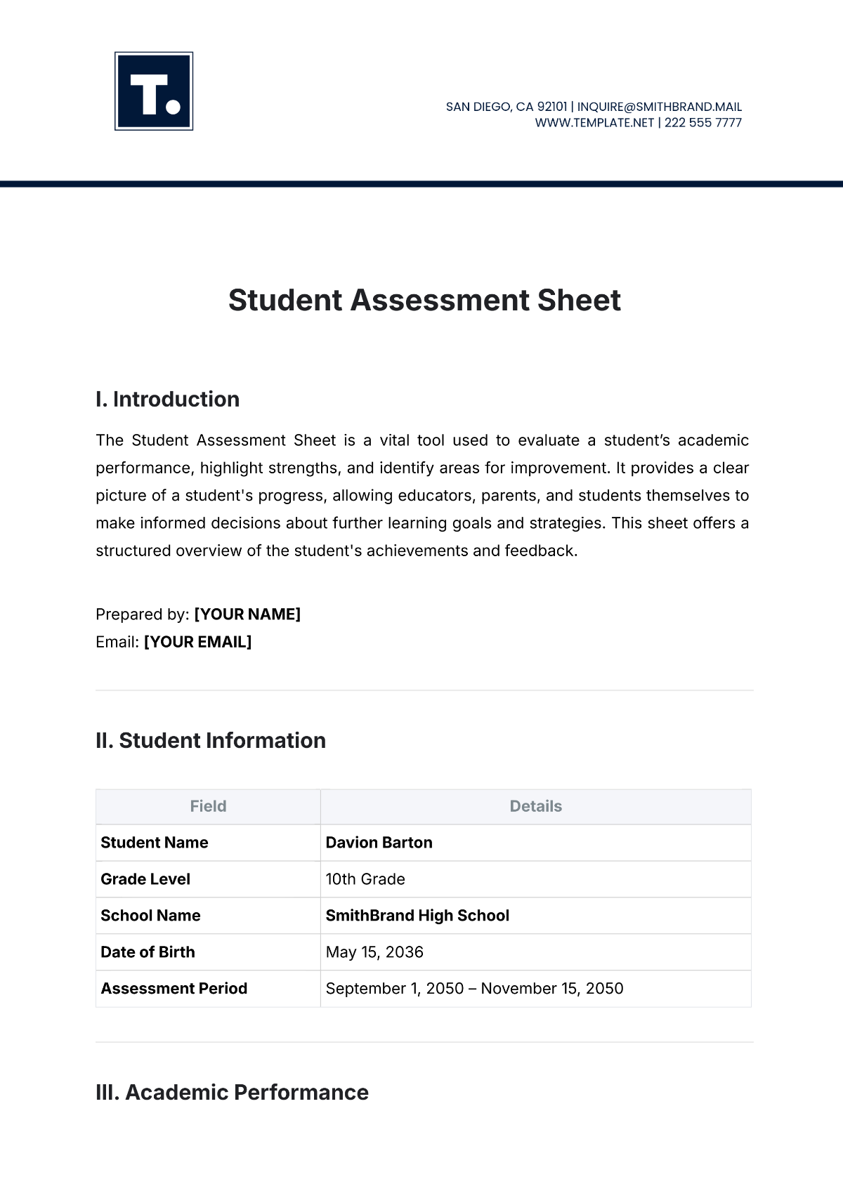 Student Assessment Sheet Template