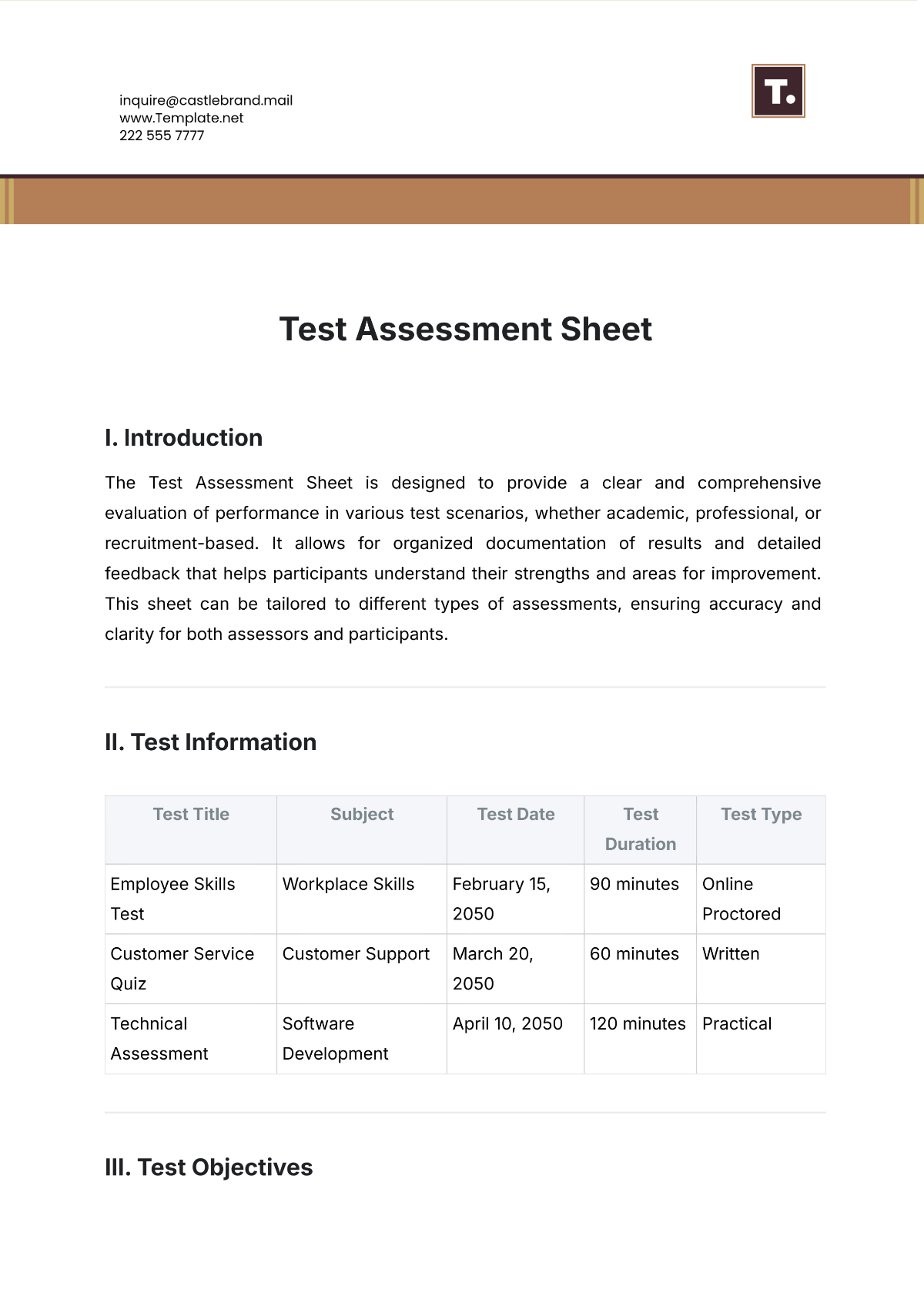 Test Assessment Sheet Template