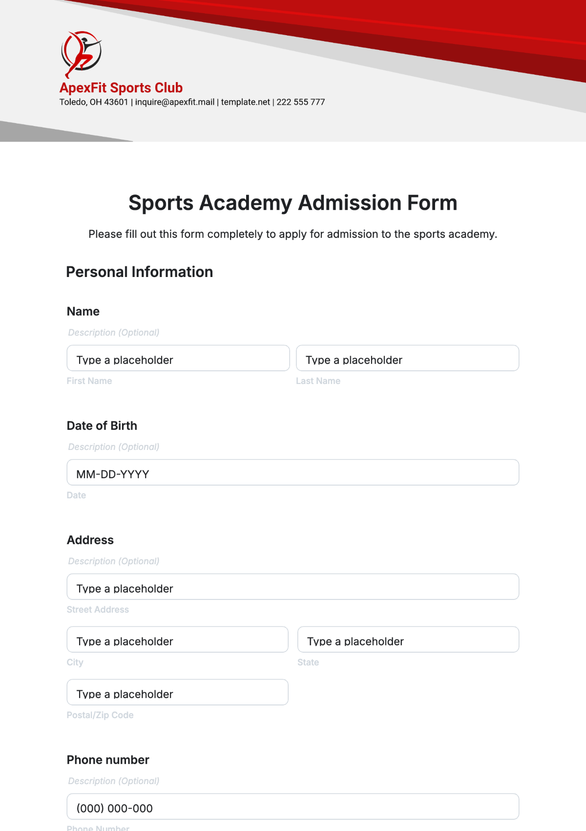 Sports Academy Admission Form Template