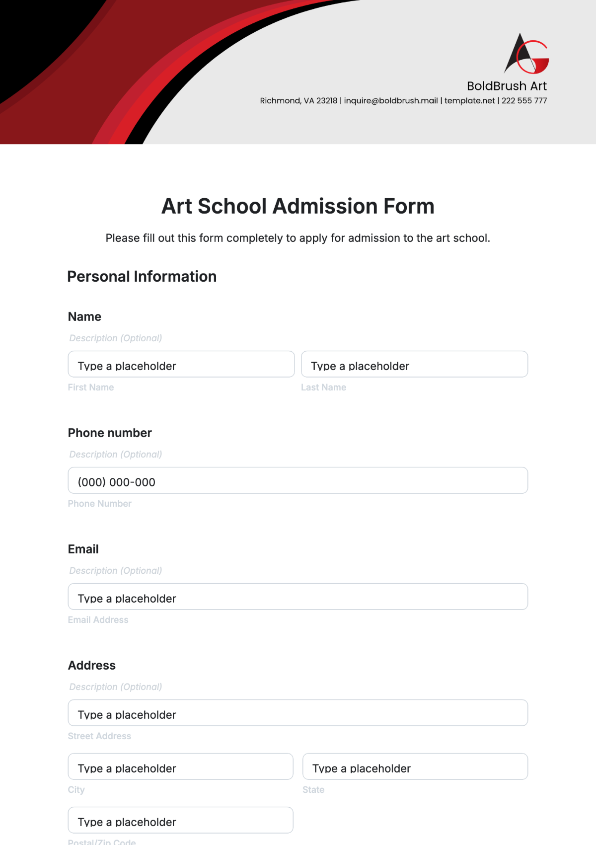 Art School Admission Form Template