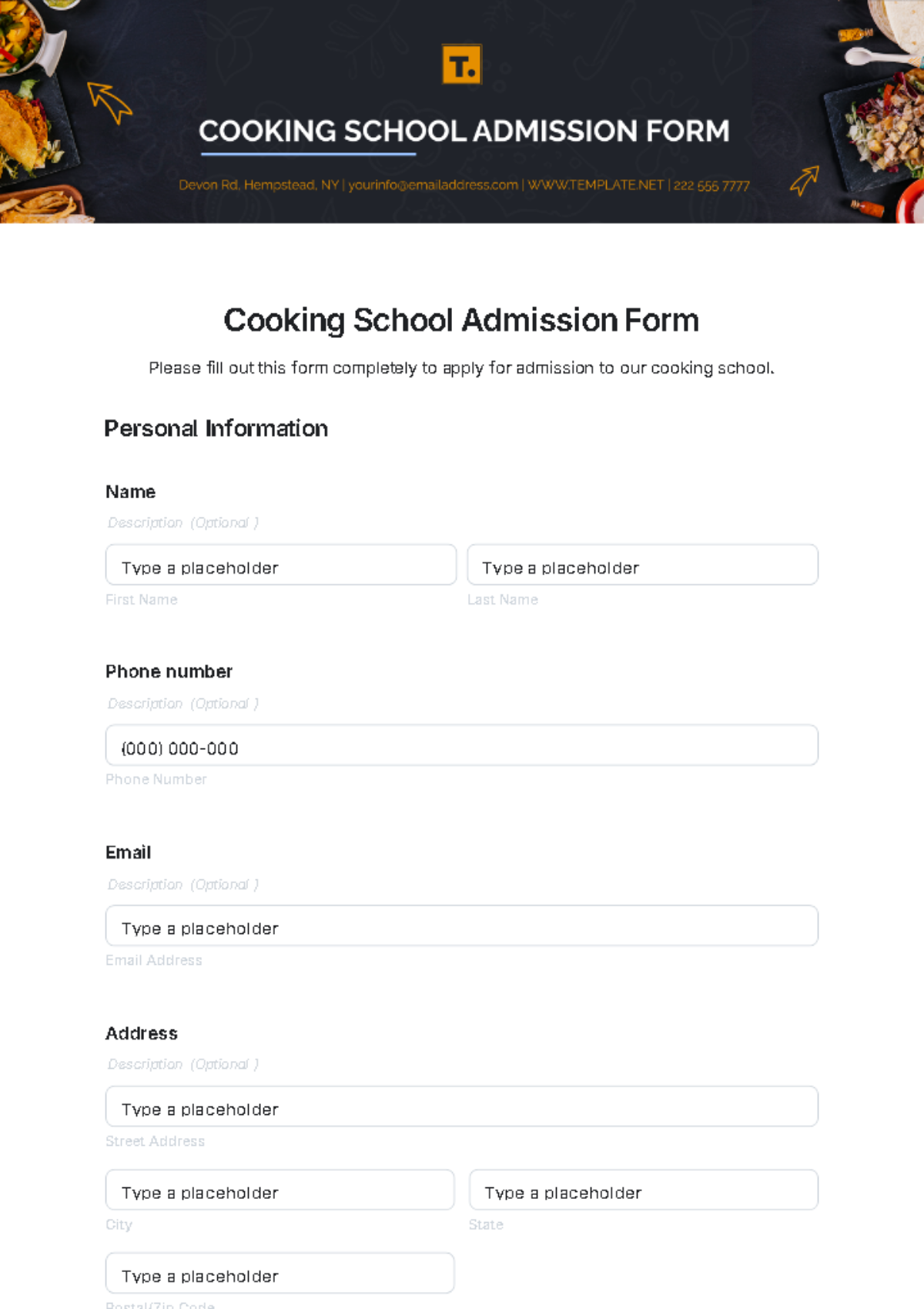 Cooking School Admission Form Template