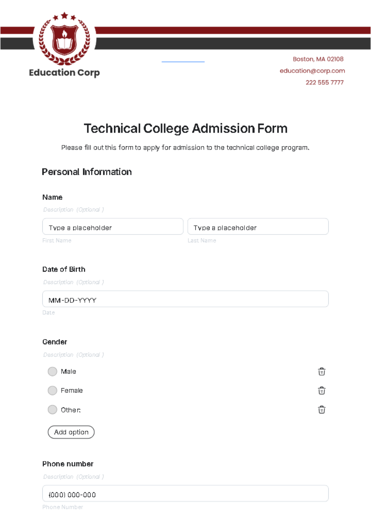 Technical College Admission Form Template