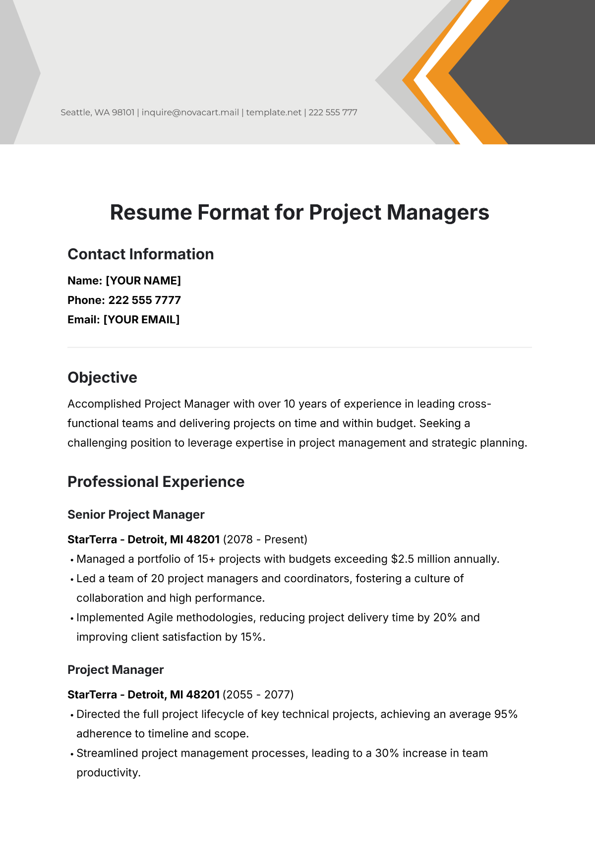 Resume Format for Project Managers Template | Template.net