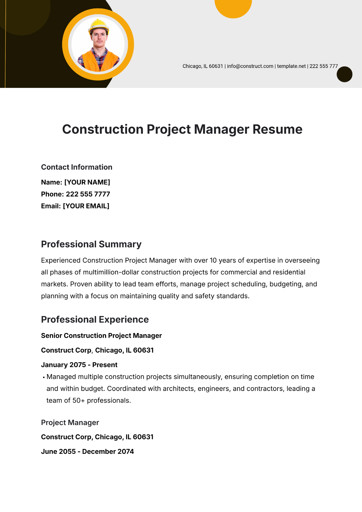 Construction Project Manager Resume Template - Edit Online & Download