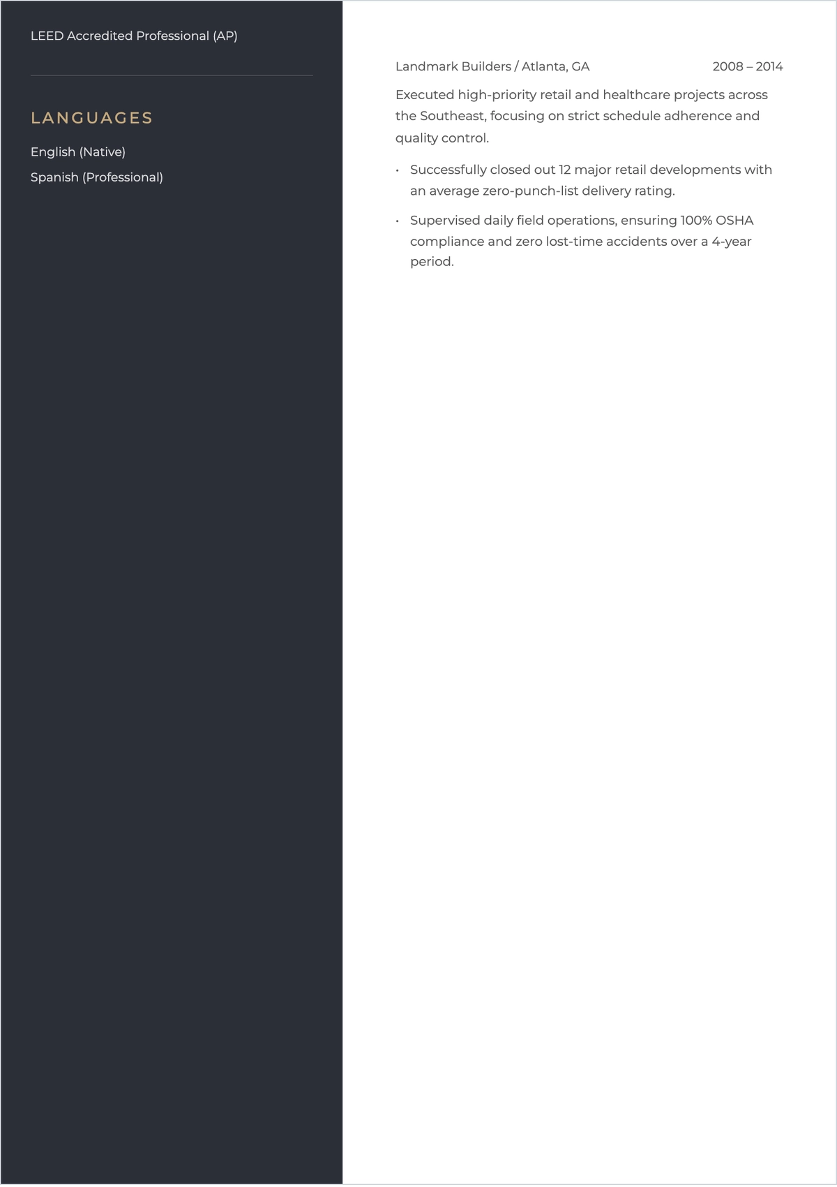 Free Construction Project Manager ATS Resume Template