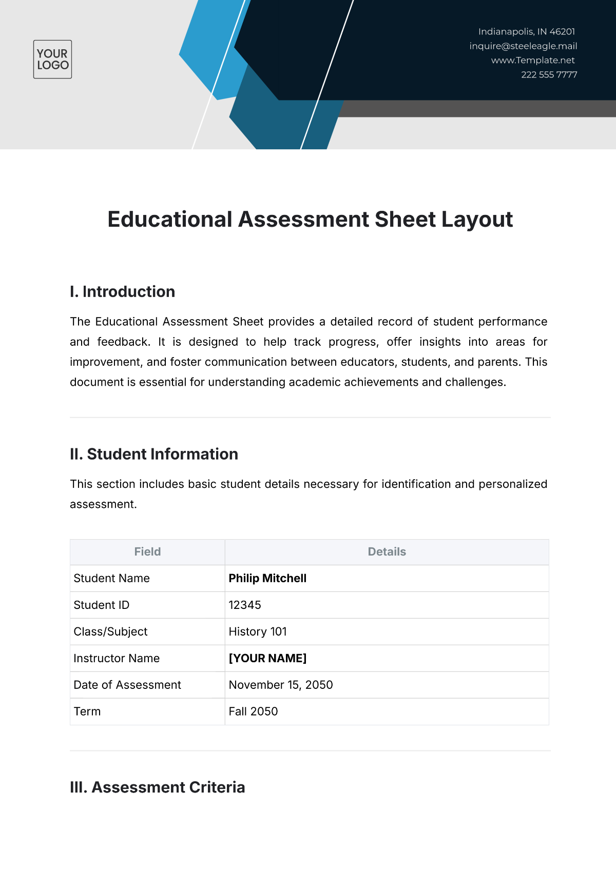 Educational Assessment Sheet Layout Template