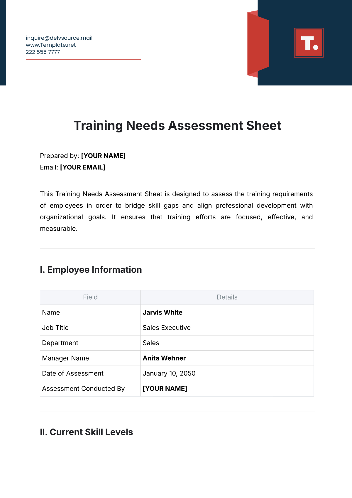 Training Needs Assessment Sheet Template