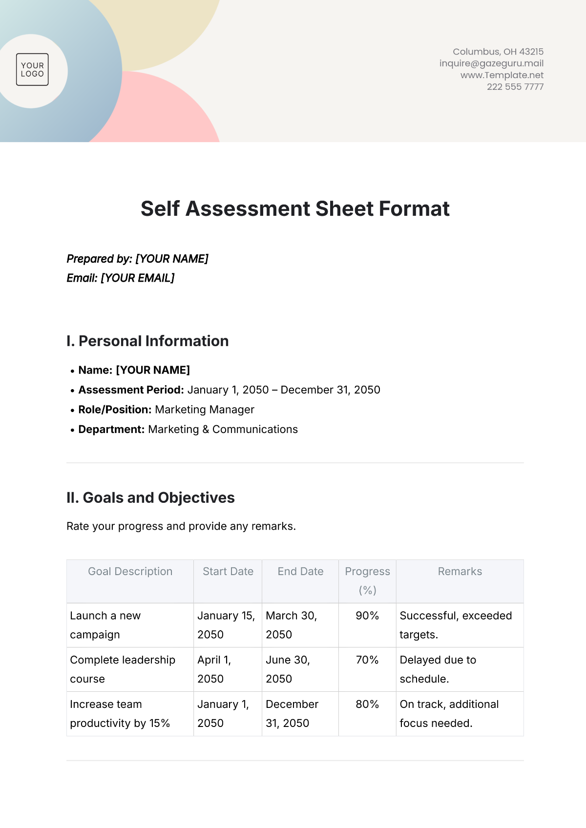 Self Assessment Sheet Format Template