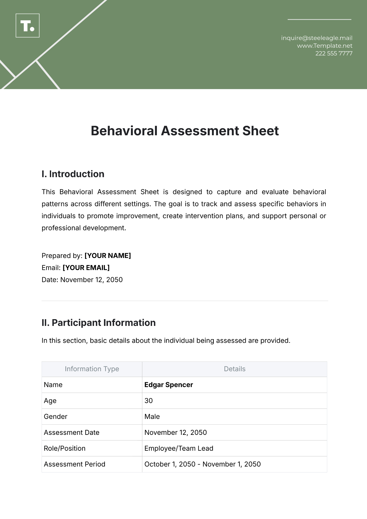 Behavioral Assessment Sheet Template