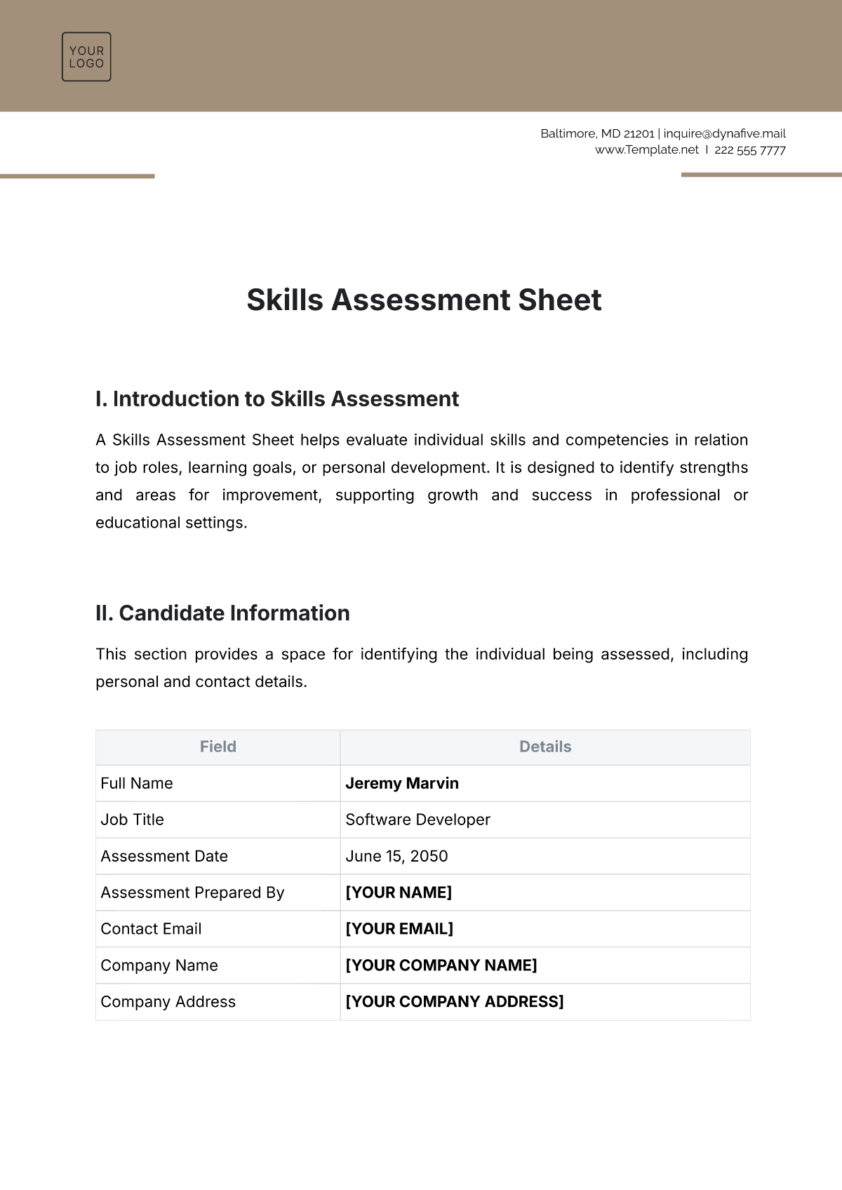 Skills Assessment Sheet Template