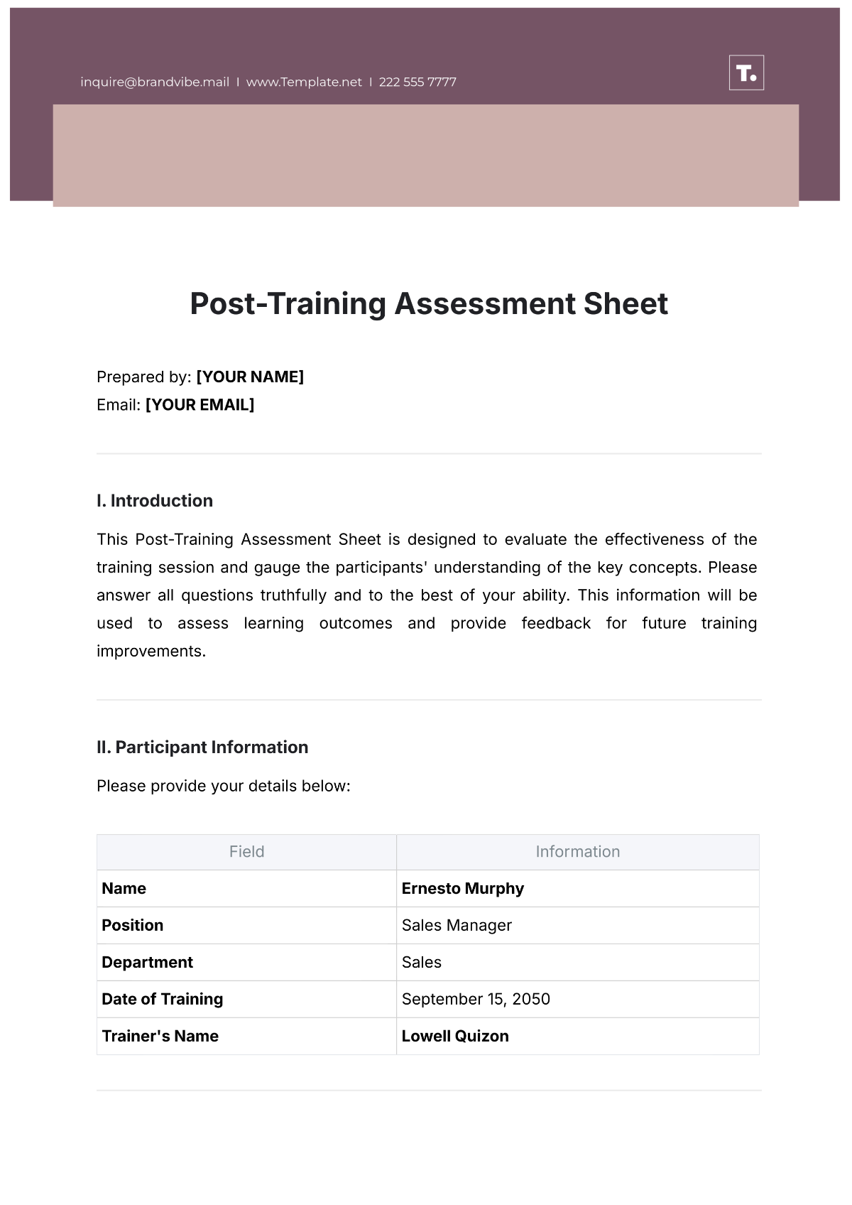 Post-Training Assessment Sheet Template