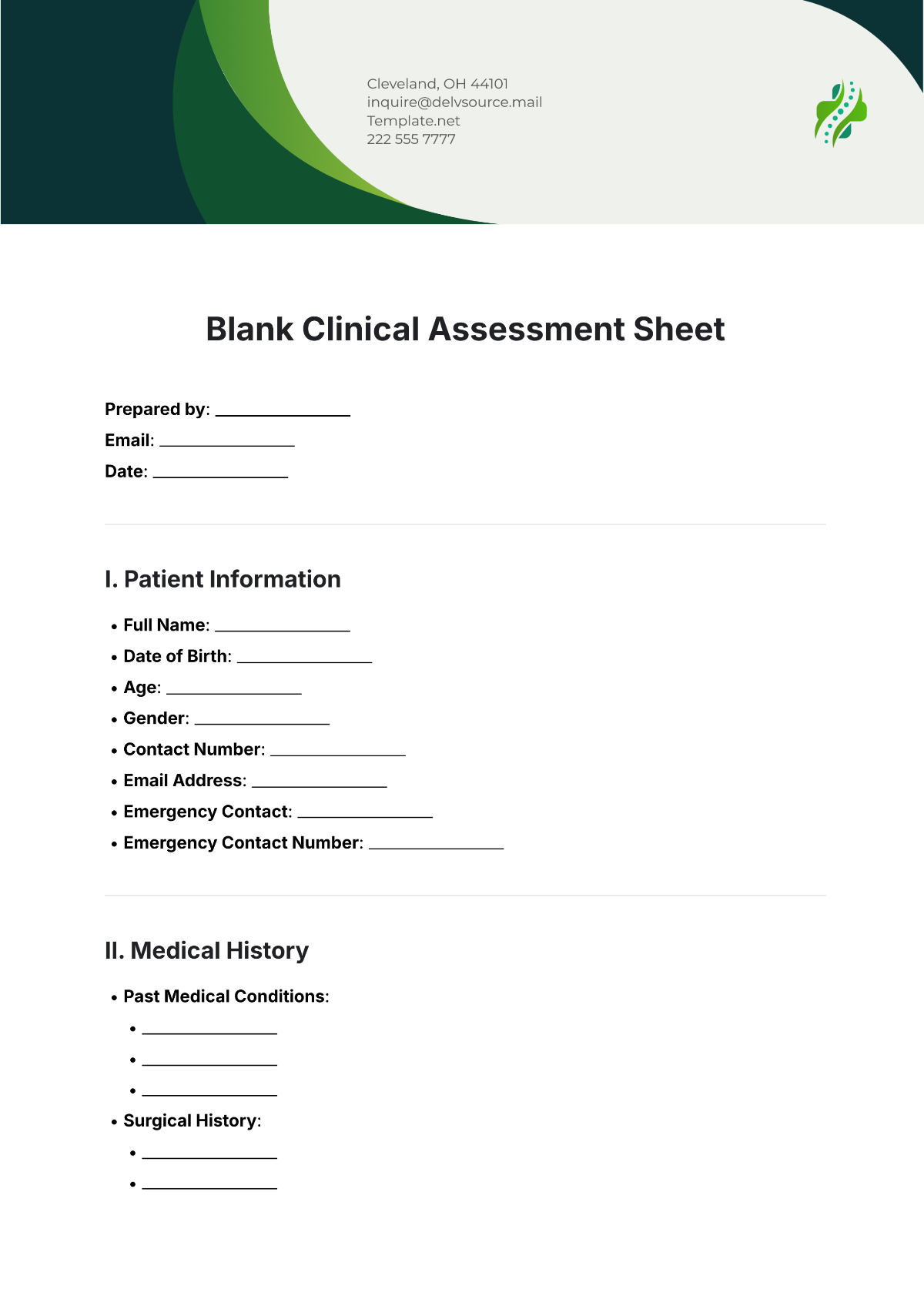 Blank Clinical Assessment Sheet Template