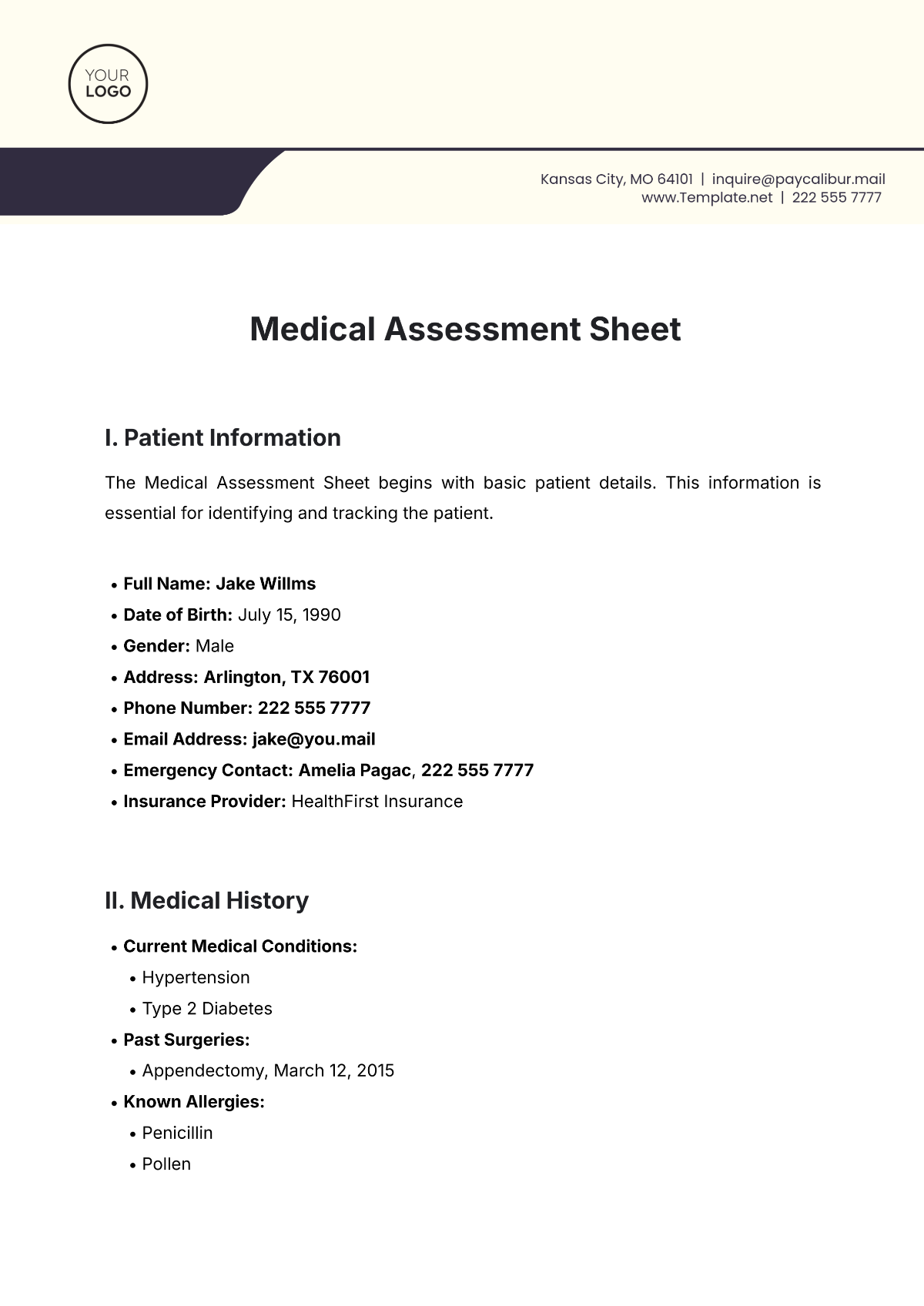 Medical Assessment Sheet Template