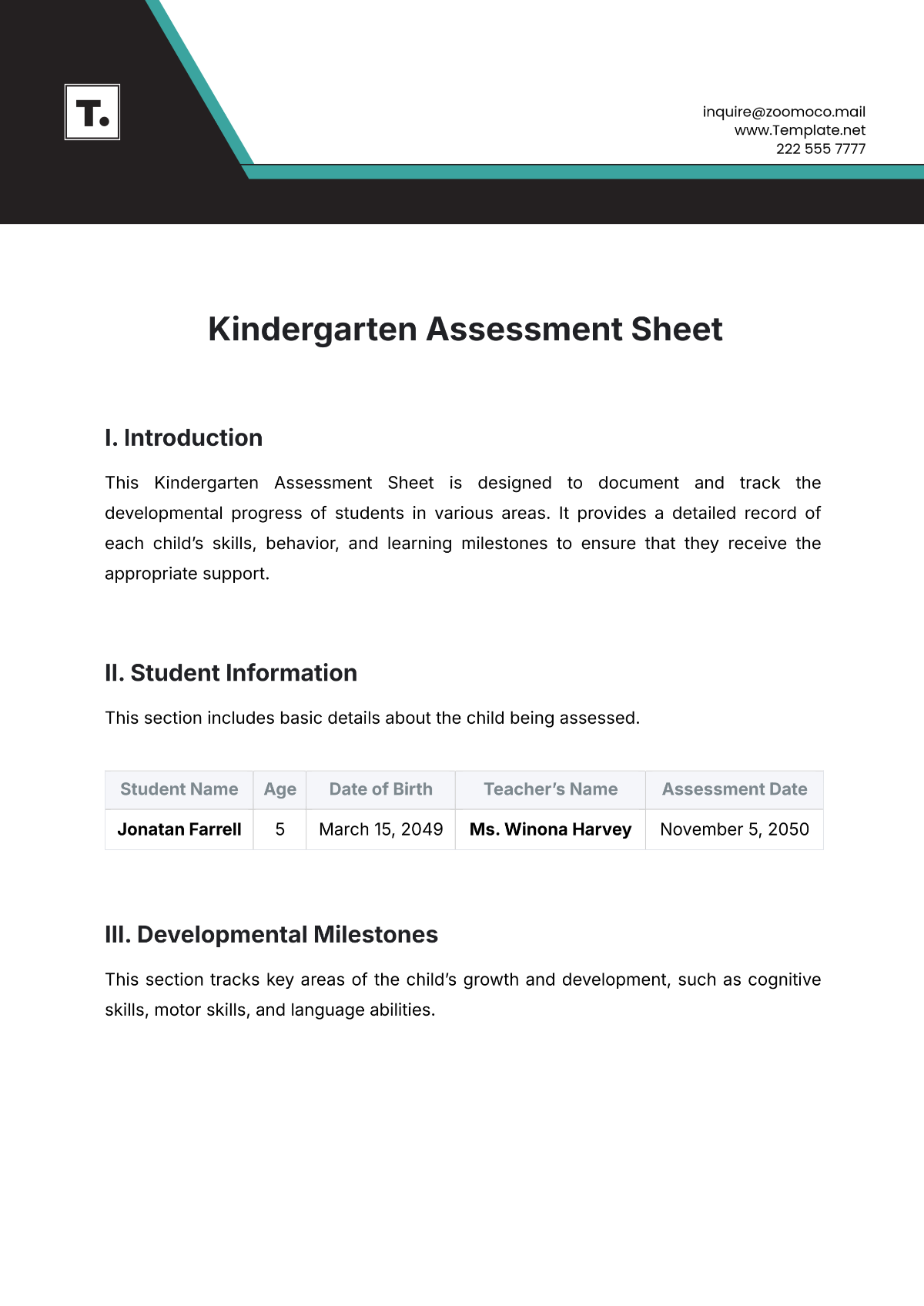 Kindergarten Assessment Sheet Template