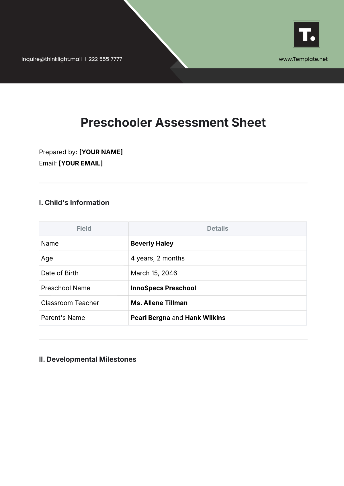 Preschooler Assessment Sheet Template