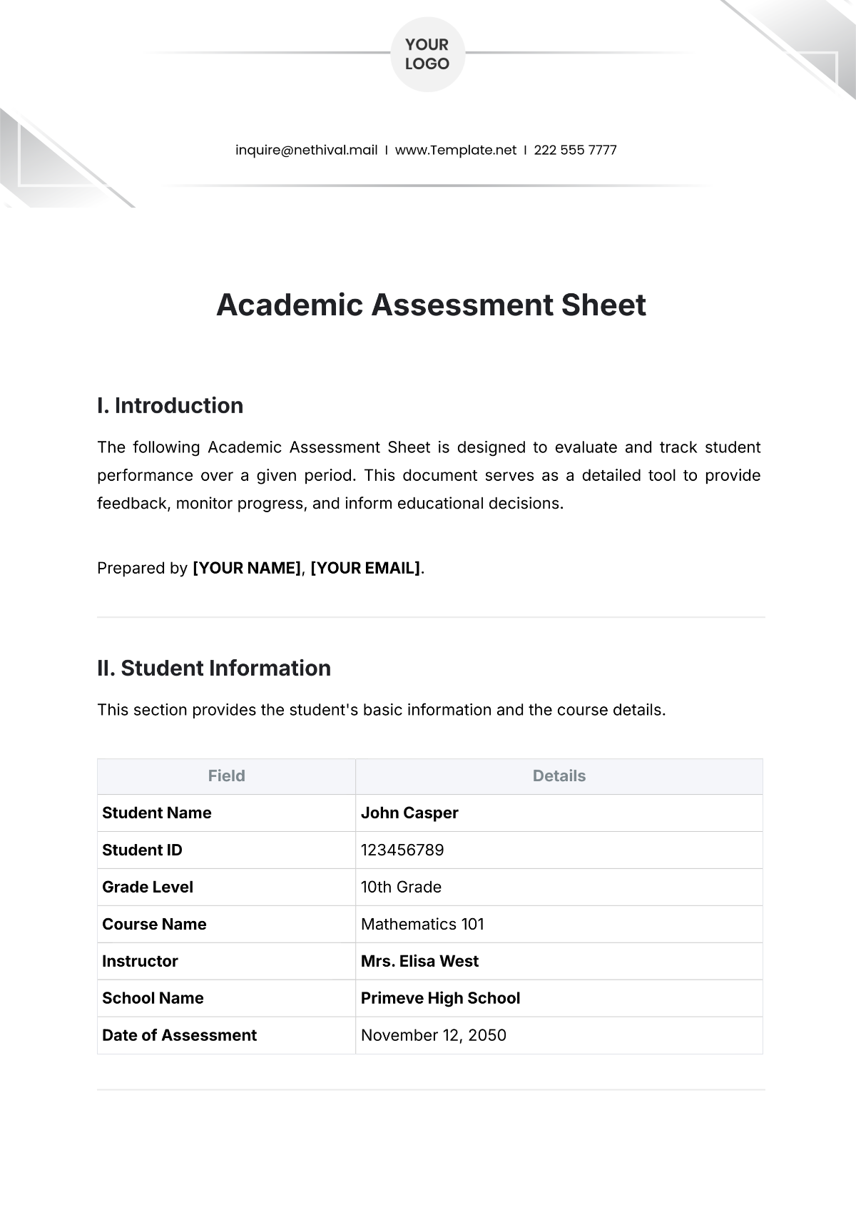 Academic Assessment Sheet Template