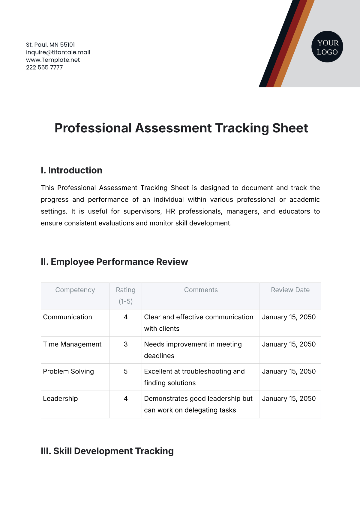 Professional Assessment Tracking Sheet Template